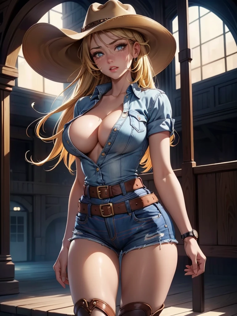 (((cowgirl costume))),(((Low waist denim shorts))),(((Wear a western hat))),(((Wearing a leather belt))),(((He is wearing a short-sleeved, plaid, tied-front shirt.))),(((Wearing a watch))),(((show cleavage))),(((Bare Thin Inner Thighs))),(((naked side boob))),(((bare arms))),(((Her hair is blonde))),, beautiful detailed girl, very detailed目と顔, 緻密でbeautiful eyes, Super detailed, High resolution, highest quality, masterpiece, very detailed, 8k wallpaper, wonderful, finely, highest quality, light shines on your face,,1 girl,(Fort Worth Stockyards Cowtown Coliseum),beautiful eyes,crying,Glistening tears,open your mouth