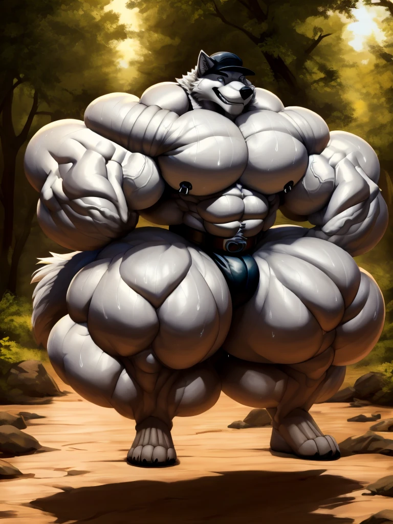 4k, high resolution, best quality, perfect lightning, perfect, solo, anthro, young, boy,white wolf:2.0, furry body, (fluffy mane:1.2), fluffy tail, male, adult, (bulky2:0, thick muscles2:0, huge muscles:2.0, hyper muscles:2.0), (thick biceps, veiny biceps, big broad veiny pecs:2.0, broad shoulders:2.0), (thick legs, thick calves:1.1), (digitigrade legs, 4 toes:1.2), perfect colors, (photorealistic fur, detailed fur, epic, masterpiece), (suggestive posing:1.2), (seductive smile, lustful grin 1.3), detailed beach,detailed wolf eyes:2.0, by k0suna, by darkgem，nipple ring，big pecs:2.0，hyper arms:2.0，veins,white body,white fur,hyper butt:2.0,hyper paws:2.0，standing，thick legs，thick butts:2.0,sweat body:2.0,massive butt:2.0,black hat,hyper ass:2.0,huge ass:2.0,presenting butt:1.2,long legs