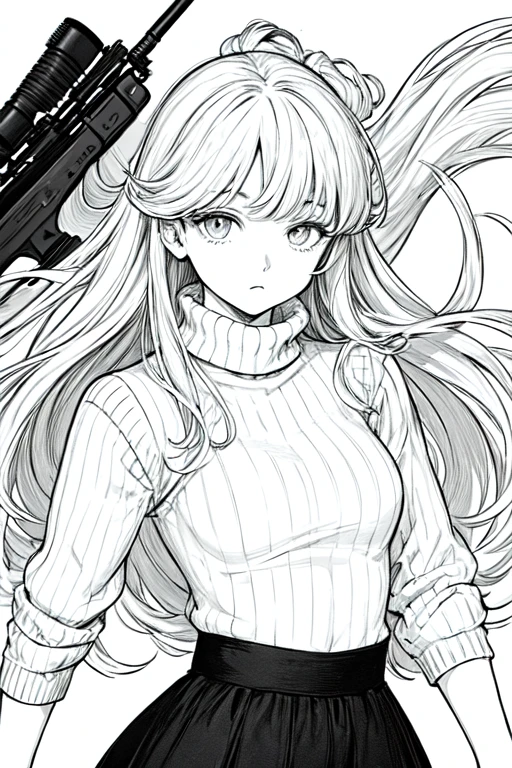 ((highest quality)), ((masterpiece)), (be familiar with), perfect face、girl、line drawing、anime style、Flaxen Turtleneck Sweater、Show the whole body、draft、monochrome、rough、long hair、black hair、cool、Calm、long skirt、have a rifle、droopy eyes、Raised eyebrows