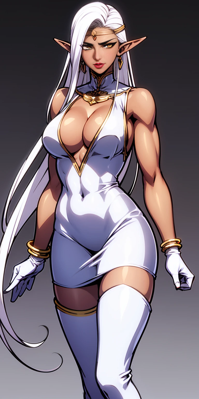 Pirotess,, (yellow eyes), white hair, silver hair, very long hair, straight hair, solo, adult woman, tall, slightly muscular, large breasted, cleavage, constricted waist, Toned body, slight abs, thin dark skin, pointy ears, lipstick, makeup, black eyeshadow,, circlet, white short dress, jewelry, bracelet, white gloves, thigh boots