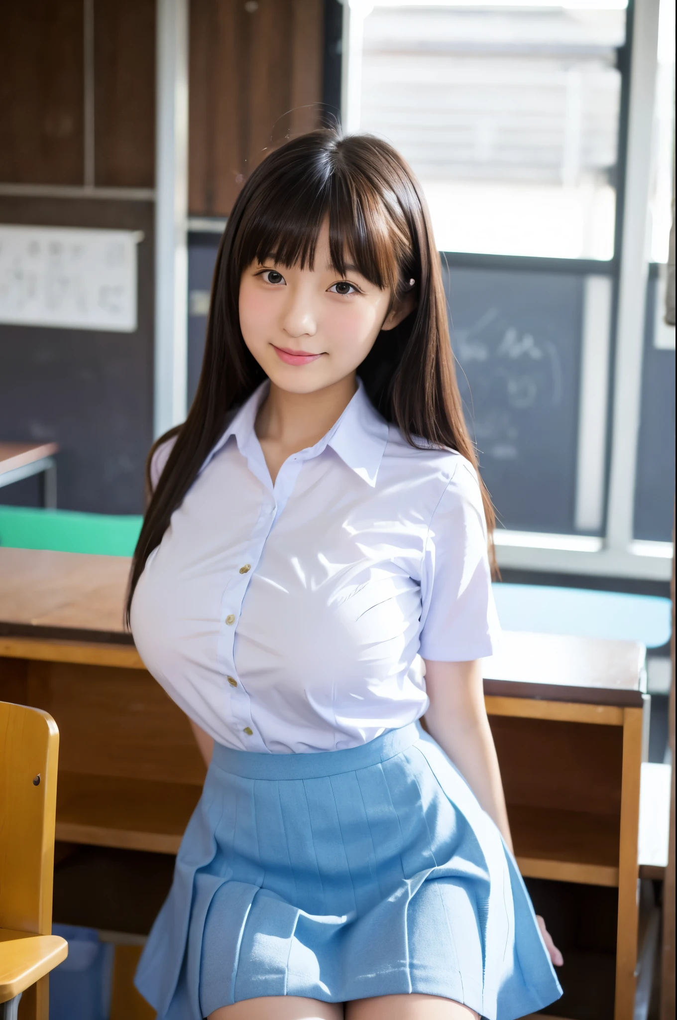 A cute Japanese girl (nineteen years , big breasts) who wear high with blue mini skirt and white shirt at classroom,