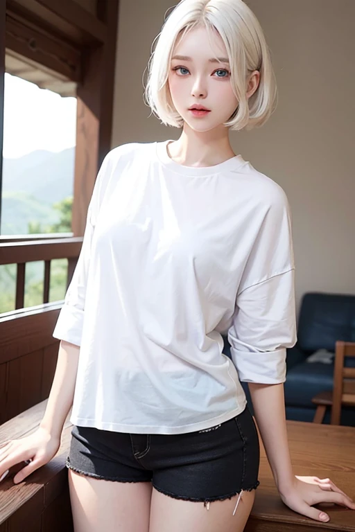 realistic, high resolution, 1 girl, short white hair, Korea, It looks like winter from aespa., blue eyes, loose white shirt, Tight black shorts, thick thighs