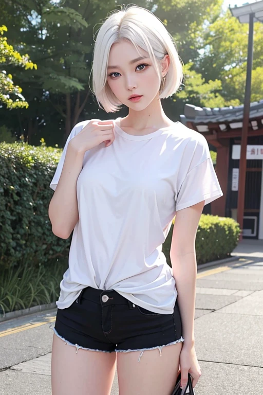 realistic, high resolution, 1 girl, short white hair, Korea, It looks like winter from aespa., blue eyes, loose white shirt, Tight black shorts, thick thighs