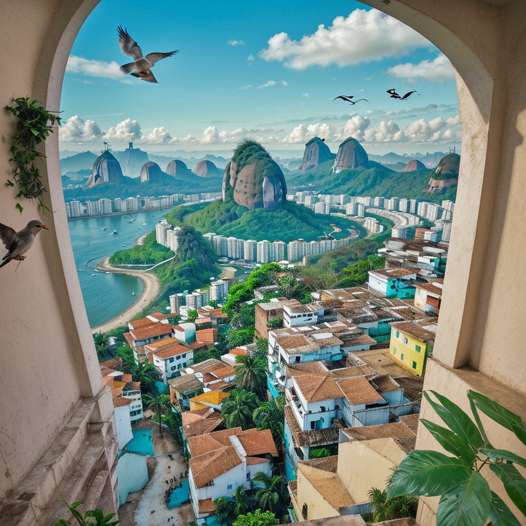 Uma paisagem linda,com nuvens, birds,rio, realistas.