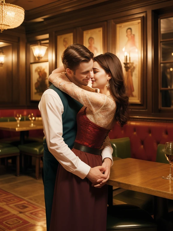 (best quality,highres:1.2),realistic,romantic,portrait,indoor lighting,a man and a woman,painted illustration,restaurant,close-up,delicate,detailed,affectionate gesture,gentleman,women's skirt lifted,embracing,table,waist,woman leaning on the table,man pushing a cart from behind