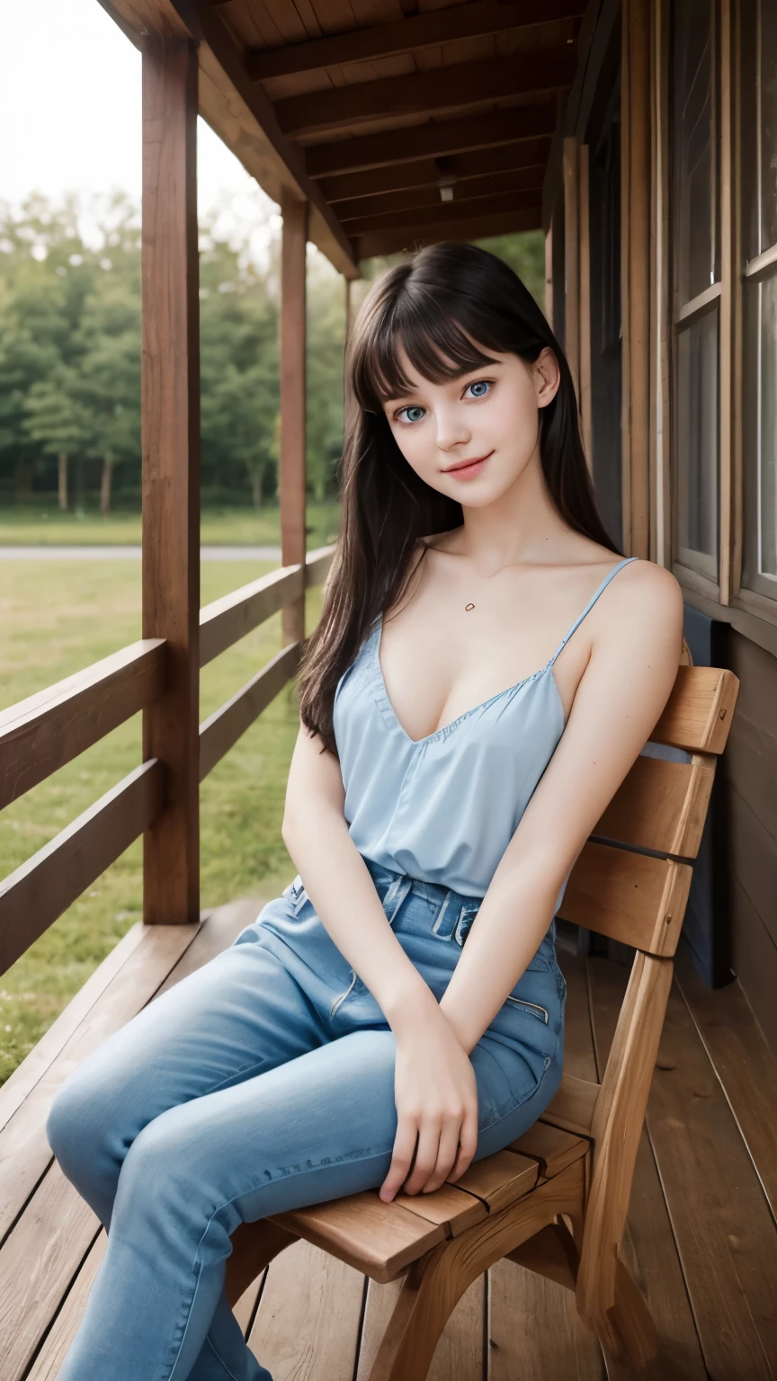A young girl from Northern Europe, 18 years old, light blue eyes, happy, cute face, pale skin, black hair, eyeliner, thin nose, wearing a neckline, wooden house porch, sitting on a wood chair