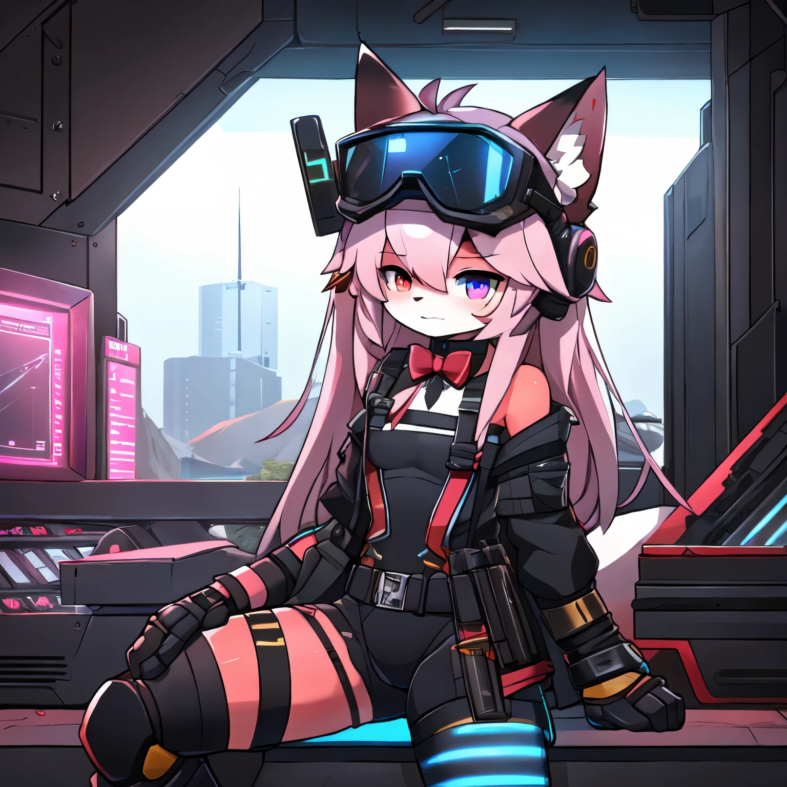 Kawaii, Pink striped Fluffy Fox, , emaciated, Pink long hair, left eye is red, right eye is blue, heterochromia, NSFW, Solo, synthetic tissue skin, cybernetic prosthetics, Mechanical pneumatic prosthetic legs, digital headphones with orange glowing neon, cybernetical prosthetic arms, red slik collared bow tie, black latex tight leotard, thigh-high-socks, shorts, Grey long-Sleeve loose off-the-shoulder digital display Military hood jacket, tactical gun holsters in thigh, Mechanical boots, metallic knee pads, tactical belted loose Arm Sleeves, watch, cybernetic Display gloves, chest rigs, tactical belts, blue-archive halo, Submachine Gun with slings holded on left hand, bulletproof goggles, Arknights,