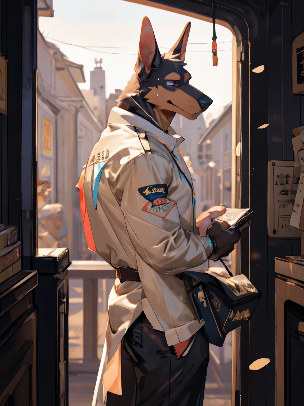 deobaed anatomy, Humanity，((Black-browndoberman pinscher| Black-brown | pink eyes)),doberman pinscher,(衣服被Sweat沾湿变的透明),(Sweat),Delivery boy,(close-up),((cowboy shot)),(motion blur),first-person view,parted lips,tired,(Leaning on an electric car),Perfect pink eyes,(glaring),(Holding a takeaway bag),middle age,male,Fresh streets,Kanno,Muscular plump,(Athletic),(Yellow的Meituan takeaway clothes),(( Meituan takeaway clothes)),bulge,(super detailed),sharp focus,light smile,tailed eyes，Doberman tail ，best qua,lity,by bebebebebe, by zackary911