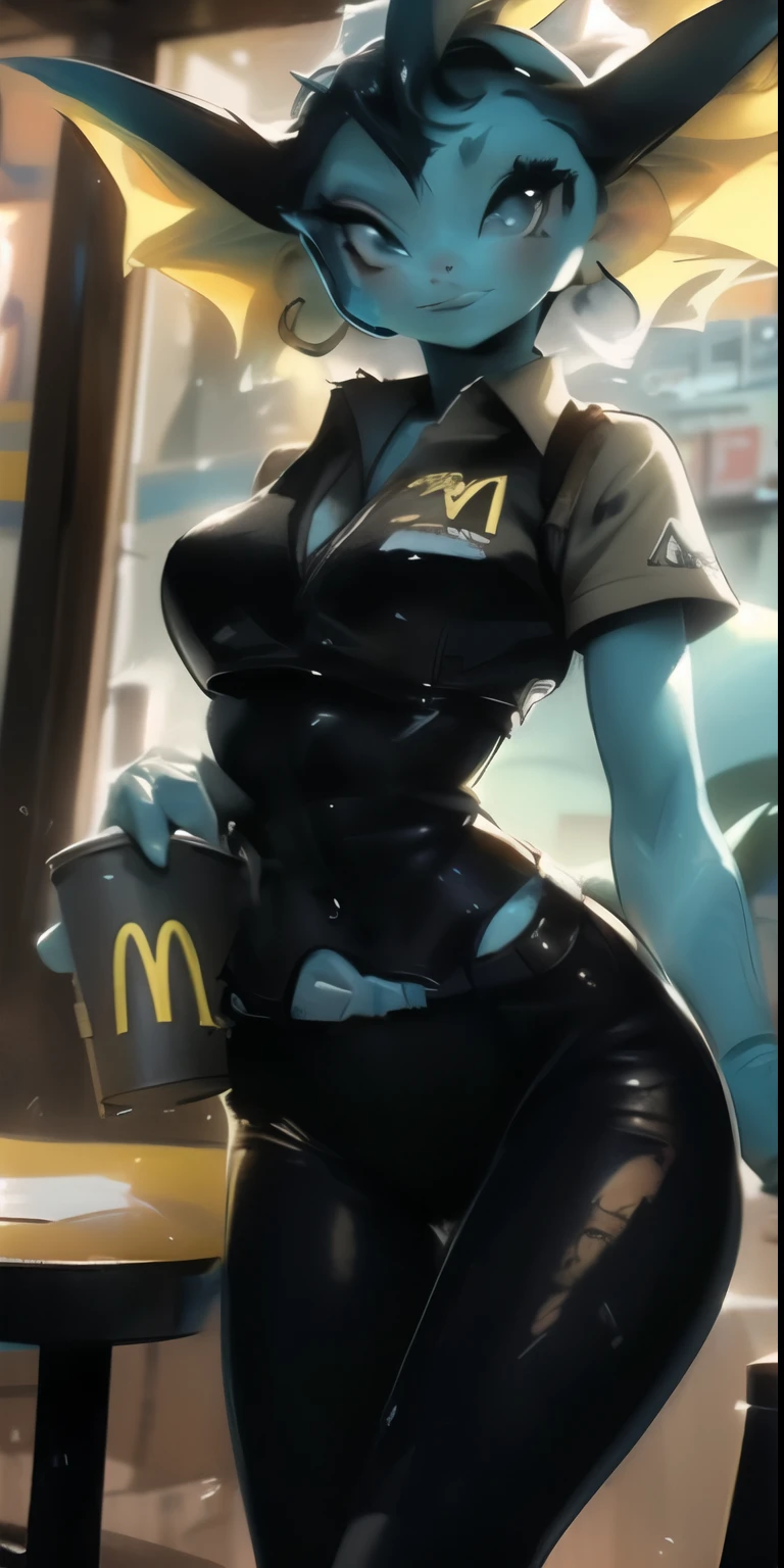 una mujer vestida de negro y azul sentada en una mesa, McDonalds azul, Ahora en McDonalds, Trabajar en McDonalds, Arte conceptual moderno, She has pale blue skin!!!, sirviendo papas fritas, artgerm y atey ghailan, supervisory, arte conceptual profesional, inspirado en rossdraws, wojtek fus, ❤🔥🍄🌪, extremely detailed artistic germ, muestra provocativamente sus pechos