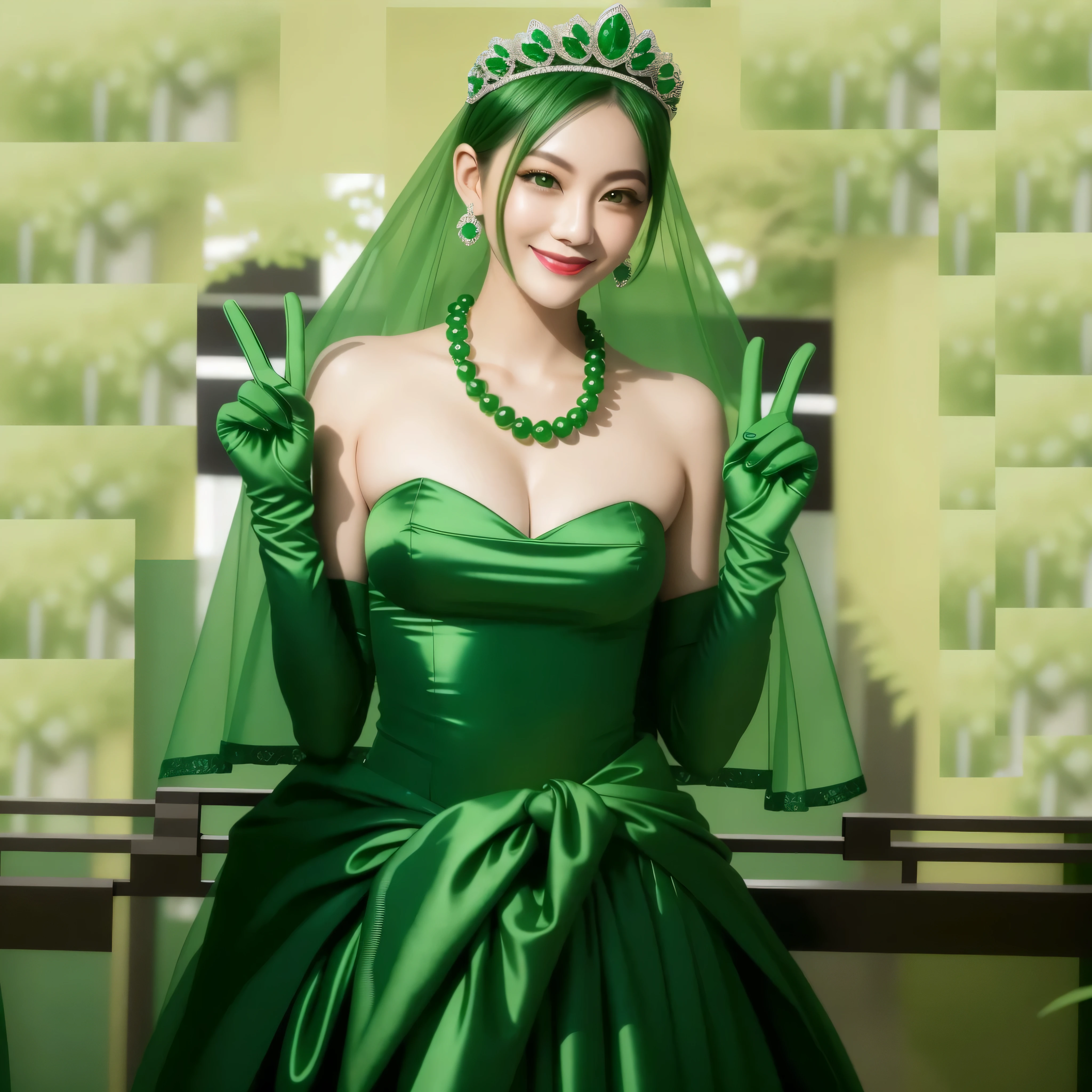 emerald tiara, green pearl necklace, boyish very short green hair, green lips, smiling Japanese woman, very short hair, Beautiful woman with big breasts, green eyes, green satin long gloves, green eyes, emerald earrings, green veil, Heart with both hands, green hair, beautiful japanese woman, V sign, green lip gloss