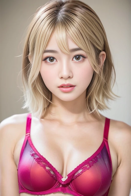 beautiful japanese woman、1 person,Very pretty and slim、outstanding style 、((8K image、super high quality))、Very delicate face, Skin and Hair、short hair、straggling hair,(((((((gradient hair、blonde))))))),Very cute Japanese face、Eyes and nose are clearly visible、kind eyes,(((red lingerie)))、full body shot