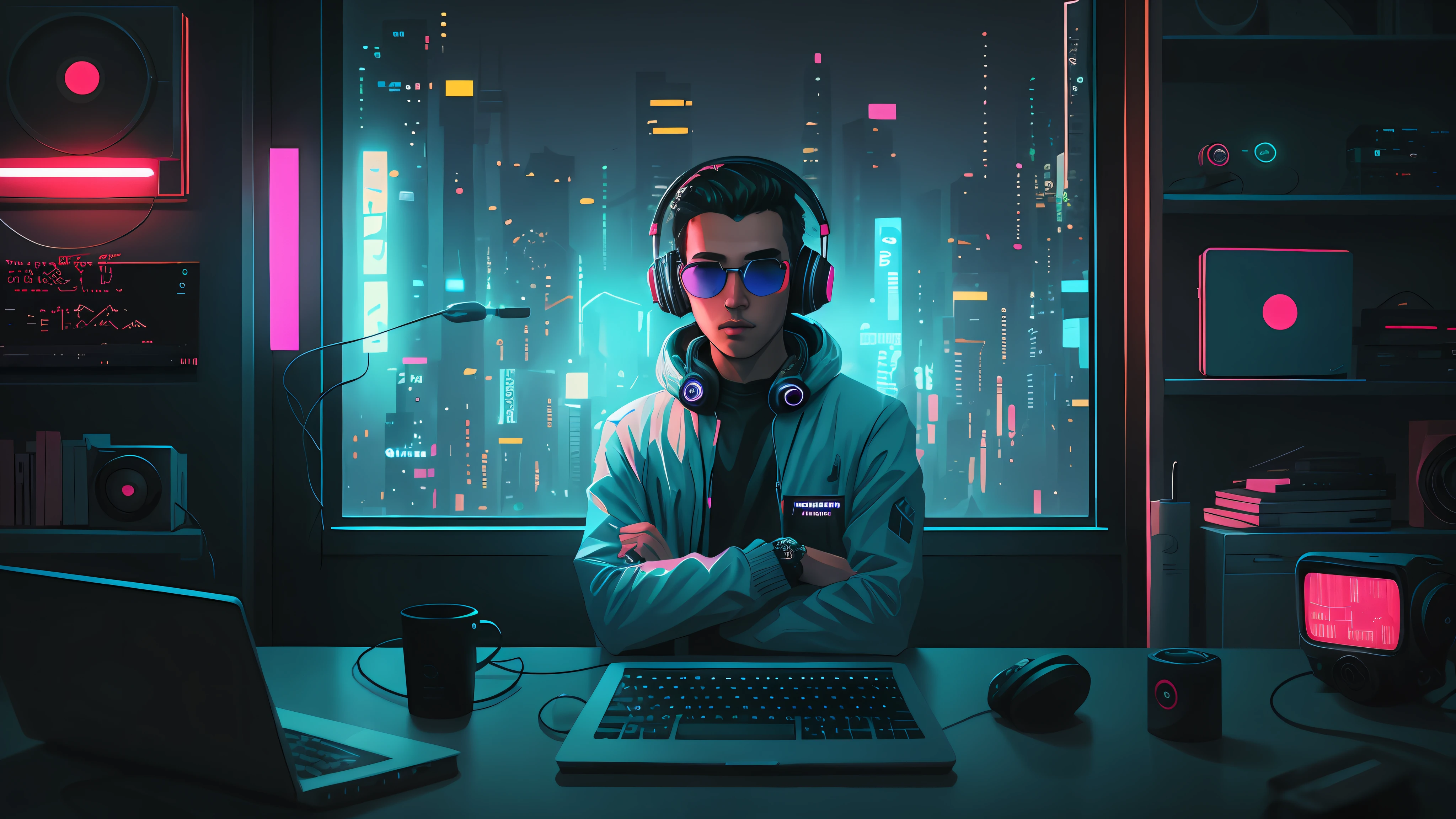 There's a man sitting at a desk with a laptop and headphones, arte cyberpunk inspirada em Hovsep Pushman, trends in cg society, arte digital, Chillhop, arte de fundo, estilo de arte lofi, cyberpunk vibes, vaporwave de hip hop, estilo de arte synthwave ]!!, retrato de lofi, [ estilo de arte synthwave ]!!