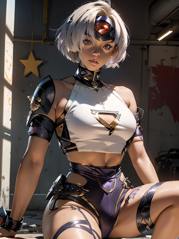 (((woman))), (((best quality))), (((masterpiece))), (((adult))), (((1 girl))), (((bob haircut))), A 25-year-old female cyberpunk gladiator with a perfect body, shoulder pads with metal spikes, Brooklyn Gladiators, (((bob haircut))), tiny leather panties, ripped t-shirt from the rugby era, almost naked in Simon Bisley's wild urban style for the cover of Heavy Metal magazine, Short blonde hair, minimal clothes, metal shield on left arm with complex graphics, dark orange with white stars and white and purple checkered pattern, armor, full of spikes and rivets, (((from the knee up))), short white blonde hair, in the background a wall painted by Shepard Fairey with an intricate design