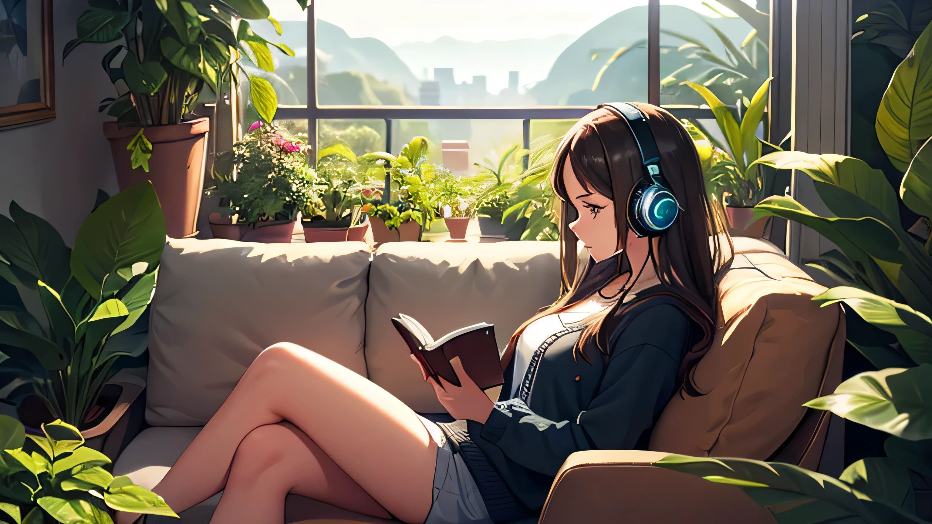 A beautiful girl reading a book with headphones on a sofa in a room filled with houseplants Outside the window is a natural landscape