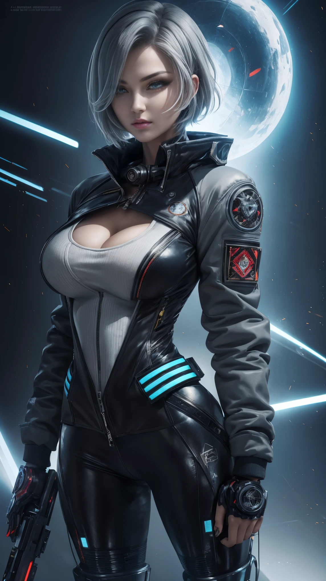 Short gray hair, (Single Mechanical Eye), 1 girl, sexy robot suit, Big Breasts, Coat, stately look, Flashy coloring, High energy, fantasy, High tech, Embroidered bomber jacket,
