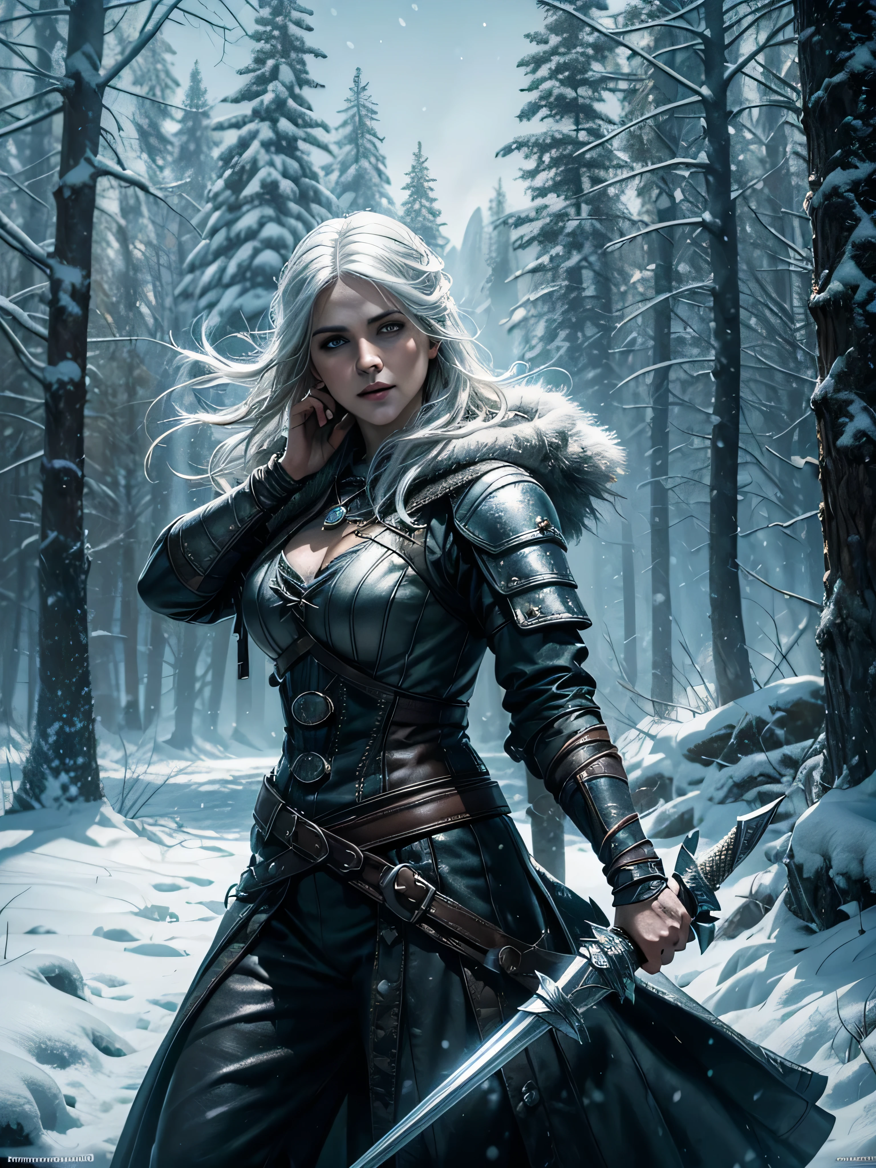 Masterpiece of the Witcher universe, best quality representation, ultra-detailed and finely textured, Cirilla  in the witcher universe, photorealistic and supremely aesthetic, 4K image quality, distinctly representing Cirilla from the witcher  with a glossy, radiant skin texture, snow, trees, cold colors, cold ilumination, a sweeping backdrop of a snowy landscape, dynamic and cinematic lighting, using intricately designed costumes and precious metals refracting dazzling snow, Cirilla from the witcher portrayed with a regal and powerful expression, a masterpiece of illustration and CG art, unified, 8K wallpaper, surpassing the boundaries of reality,  