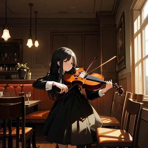 Girl with depression playing the violin in a restaurant