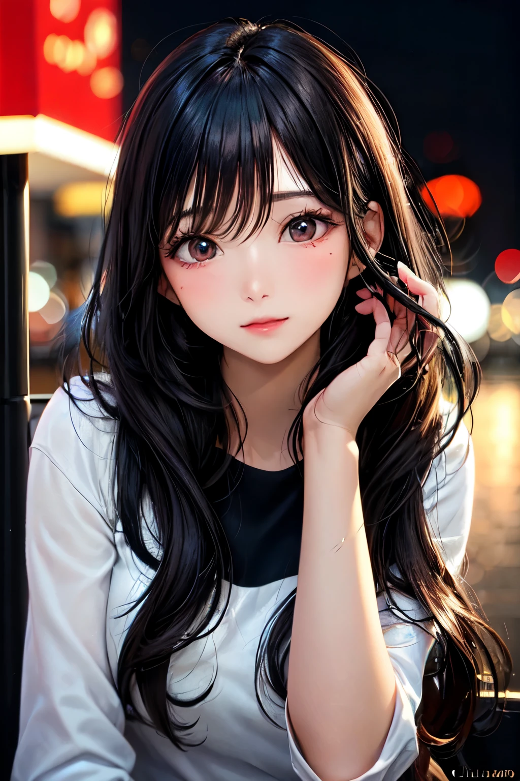 26 year old asian girl, cabello negro y liso largo, ojos color rojo, piel clara, ciudad de noche