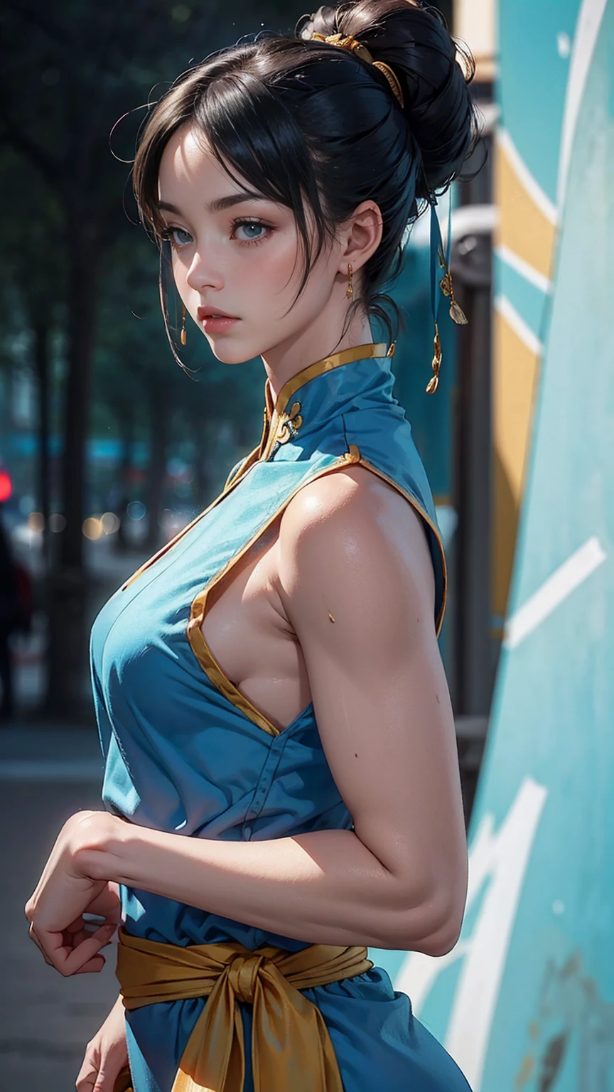 RAW, masterpiece, super fine photo, best quality, super high resolution, realistic, sunlight, a beautiful woman with yellow rune paper on her face, many yellow Taoist rune paper pasted on her body, worn cheongsam, female zombie, Hong Kong Lin Zhengying zombie movie character, cyan skin, fair skin, amazing beauty, dynamic pose, delicate face, abandoned warehouse background, messy, gorgeous, high detail skin, realistic skin details, sharp focus, volumetric light, 8k UHD, DSLR, high quality, film grain, Realism, lomography