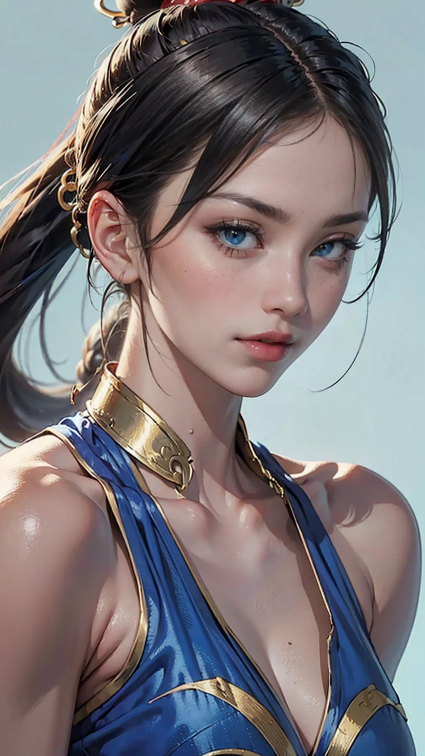 ((最high quality, 8K, masterpiece: 1.3, Ultra HD, high quality, 最high quality, High resolution, realism)) 、(high color saturation:1.0), (highly detailed skin), (最high quality:1.0), (超High resolution:1.0) ,(realistic:1.0), (Super detailed:1.0), (8K, Raw photo:1.1), slender、Slender, muscular body that's toned like an athlete's、street fighter chun li、Pastel blue background