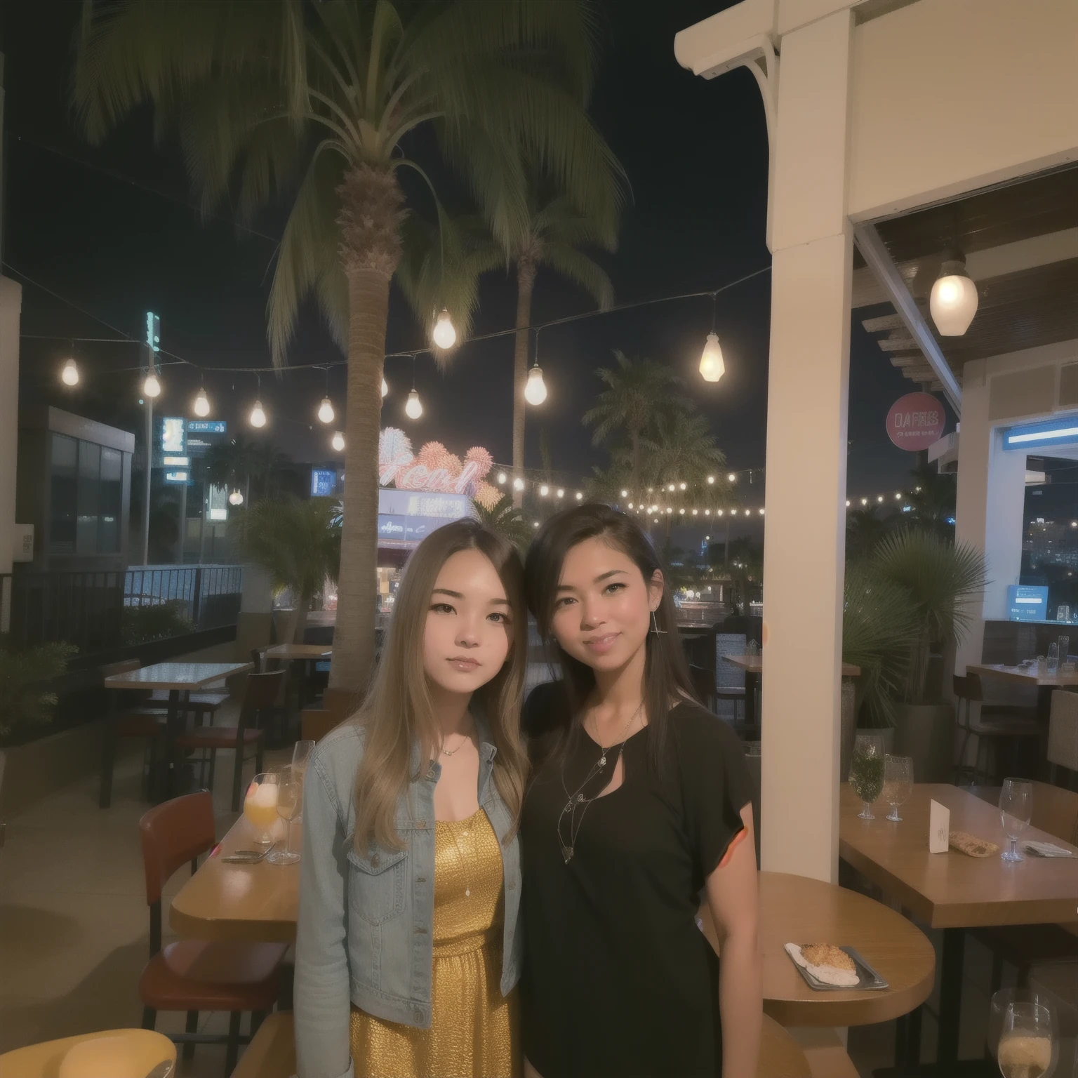 two women standing next to each other in a restaurant, photo taken at night, at night with neon lights, palm trees in the background, very very low quality picture, at future neon light rooftop, at nighttime, portrait mode photo, by Robbie Trevino, stacked image, night photo, standing in a restaurant, with palm trees in the back, at night