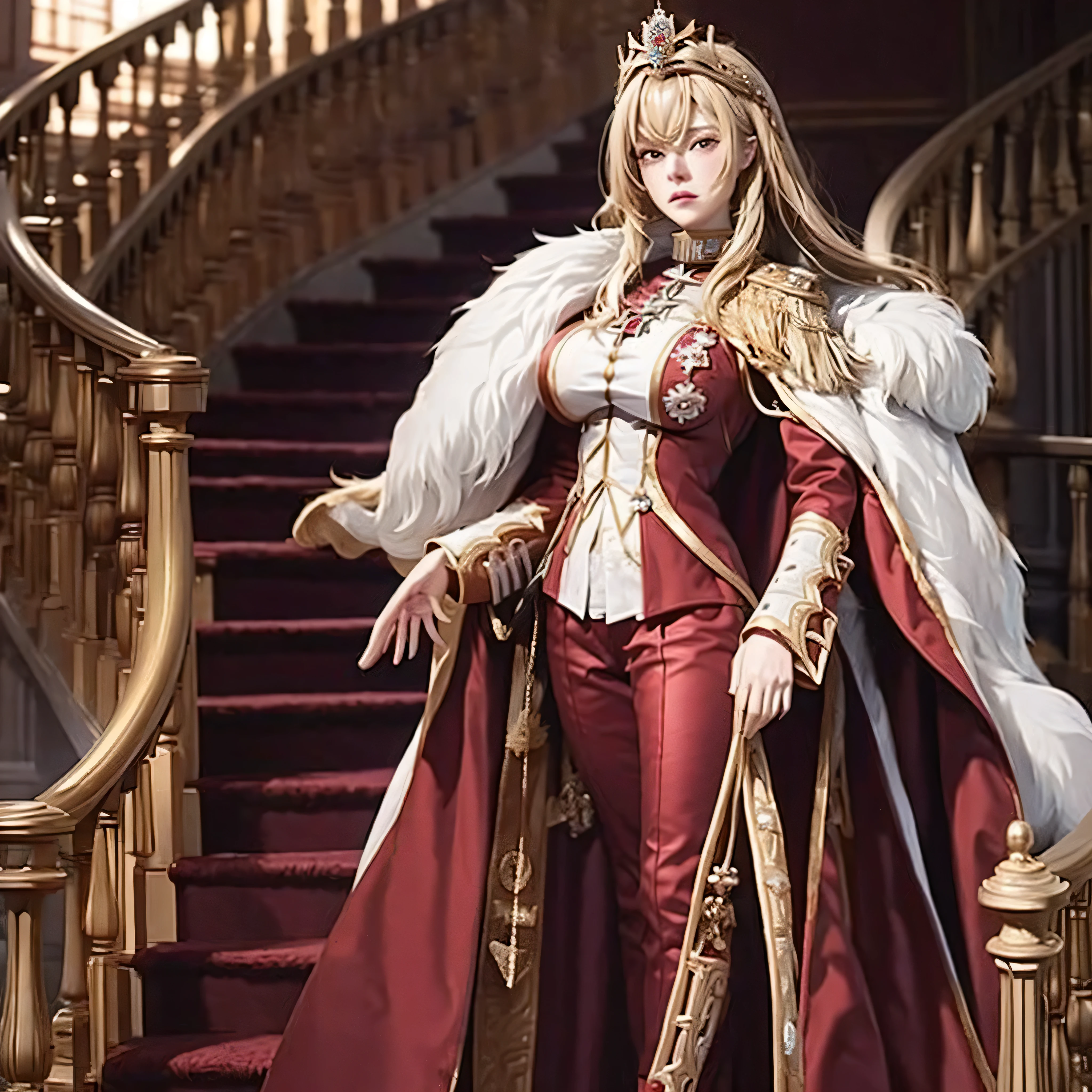 A woman wearing red military clothing with gold details, a large white fur cape, wearing a well-detailed golden crown on her head on the staircase of a large medieval castle, blonde hair, red eyes, large chest,HDR, ultra resolution, well defined, masterpiece, 8K HD. (solo woman)
