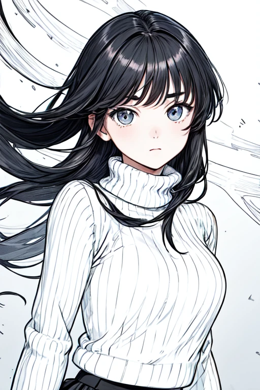 ((highest quality)), ((masterpiece)), (be familiar with), perfect face、girl、line drawing、anime style、Flaxen Turtleneck Sweater、Show the whole body、draft、monochrome、rough、long hair、black hair、cool、Calm、long skirt、Have a Winchester、Very droopy eyes、Sharp eyebrows