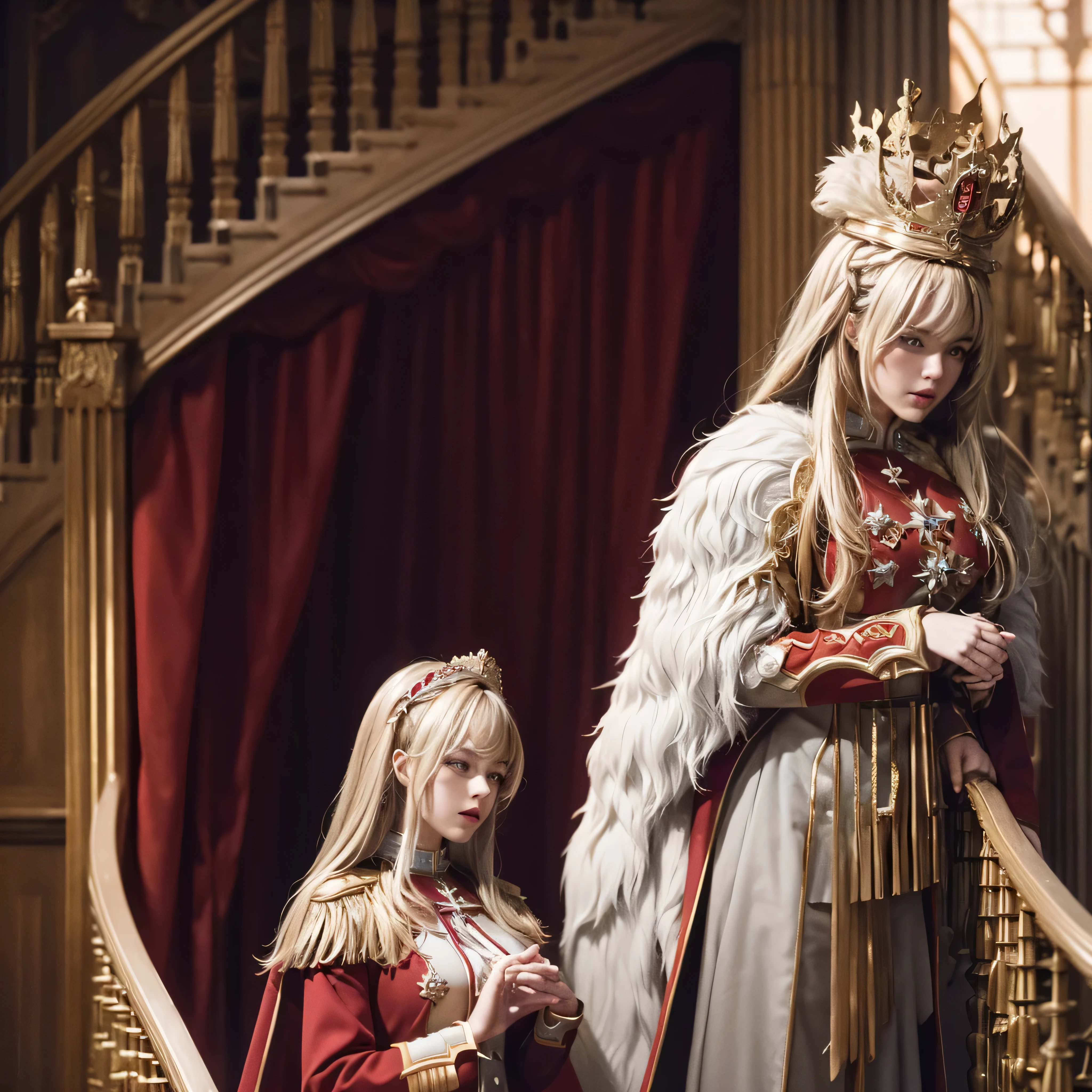 A woman wearing red military clothing with gold details, a large white fur cape, wearing a well-detailed golden crown on her head on the staircase of a large medieval castle, blonde hair, red eyes, large chest,HDR, ultra resolution, well defined, masterpiece, 8K HD. (solo woman)
