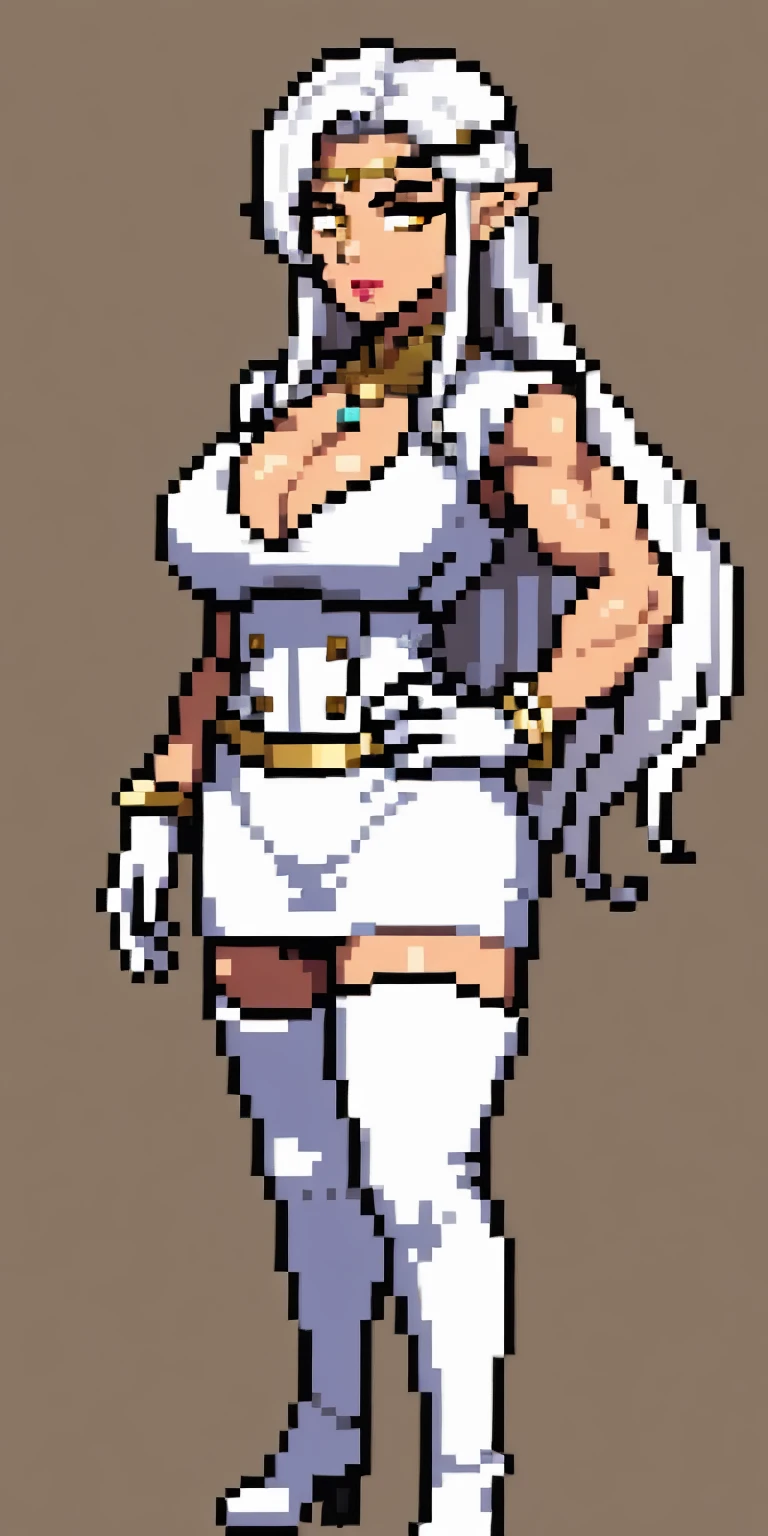 Pirotess,, (yellow eyes), white hair, silver hair, very long hair, straight hair, solo, adult woman, tall, slightly muscular, large breasted, , constricted waist, Toned body, slight abs, thin dark skin, pointy ears, lipstick, makeup, black eyeshadow,, circlet, white short dress, jewelry, bracelet, white gloves, thigh boots