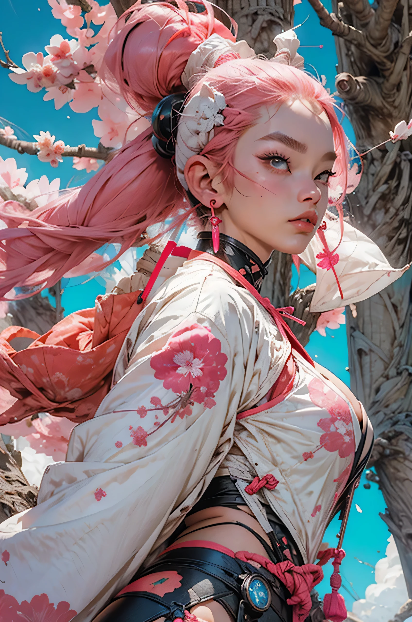 1 warrior girl with white Harajuku-inspired techwear clothes, accentuated super huge enormously gigantic , cleavage showing, tattoo sleeves and piercings, very long pink hair, laces, abstract vintage scifi background, cherry blossoms blowing in the wind, art by Moebius, art by Ashley Wood