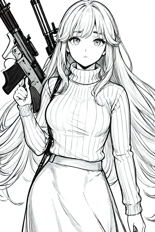 ((highest quality)), ((masterpiece)), (be familiar with), perfect face、girl、line drawing、anime style、Flaxen Turtleneck Sweater、Show the whole body、draft、monochrome、rough、long hair、black hair、cool、Calm、long skirt、Holds a Mosin Nagant rifle、Very droopy eyes、Sharp eyebrows