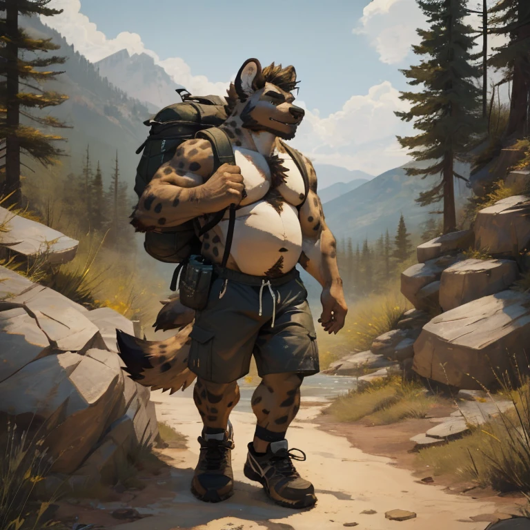 ((best quality)), ((masterpiece)), (detailed), hyena, furry, anthropomorphic, muscular, hairy chest and torso, musclegut, gym shorts, with backpack, hiking, adventure
