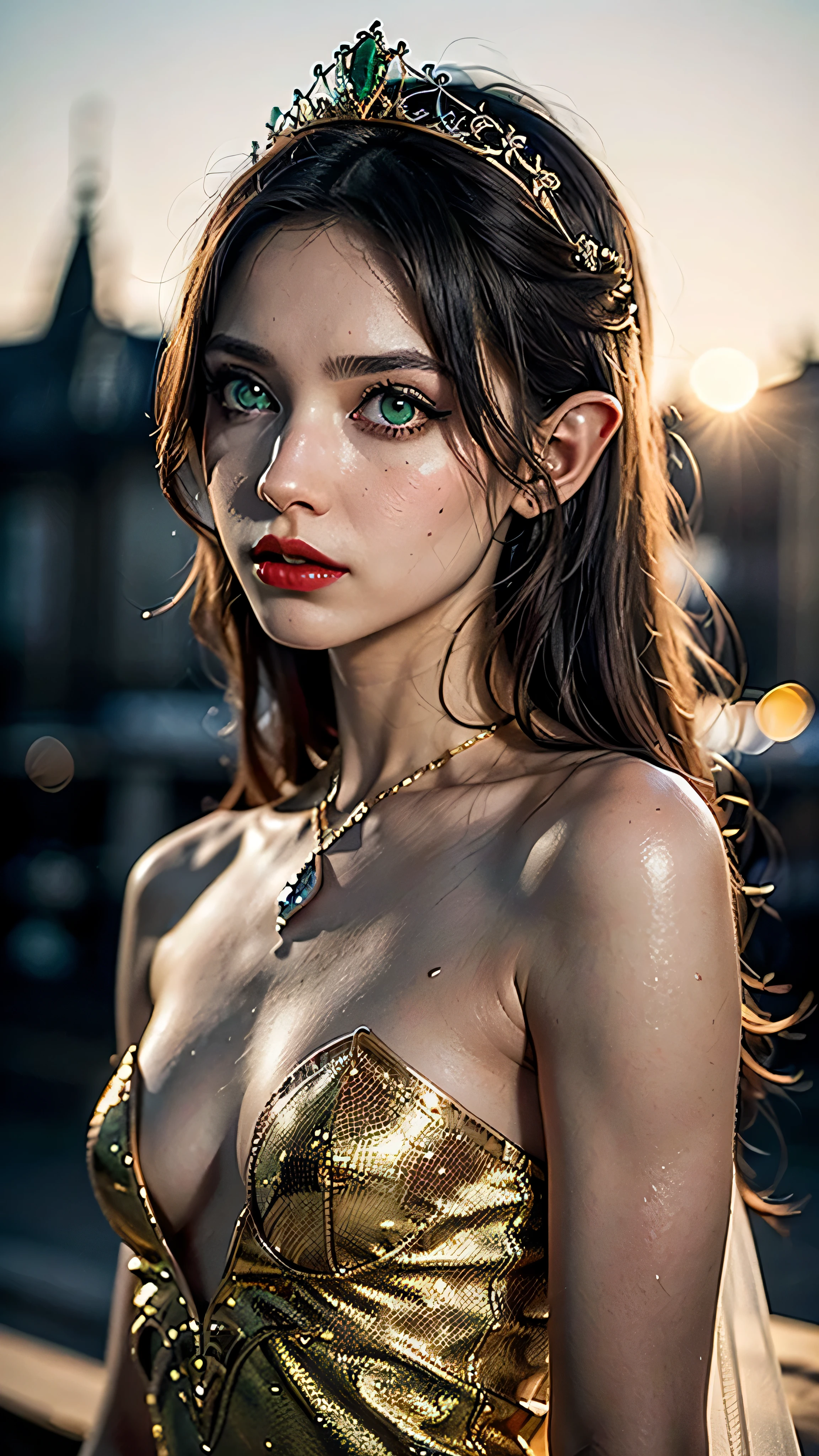 (masterpiece), (extremely intricate:1.3), (realistic), portrait of a muscular girl, ((((detailed mature 40year elven woman, ((blackout gothic eye makeup, red lips, strong square cleft chin, arrogant, [small breasts:medium breasts:0.8]), diamond tiara, golden hour, clear green eyes, long straight ginger hair, wedding dress, tanned skin)), emerald necklace)), freckles: 1.0), metal reflections, upper body, outdoors, intense sunlight, far away castle, professional photograph of a stunning woman detailed, sharp focus, dramatic, award winning, cinematic lighting, volumetrics dtx, (film grain, blurry background, blurry foreground, bokeh, depth of field, sunset, interaction), 8K