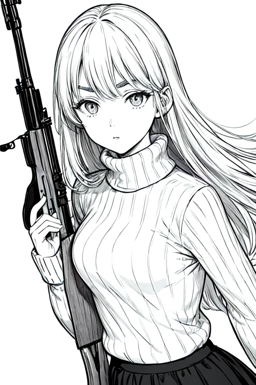 ((highest quality)), ((masterpiece)), (be familiar with), perfect face、girl、line drawing、anime style、Flaxen Turtleneck Sweater、Show the whole body、draft、monochrome、rough、long hair、black hair、cool、Calm、long skirt、Holds a Mosin Nagant rifle、Very droopy eyes、Sharp eyebrows