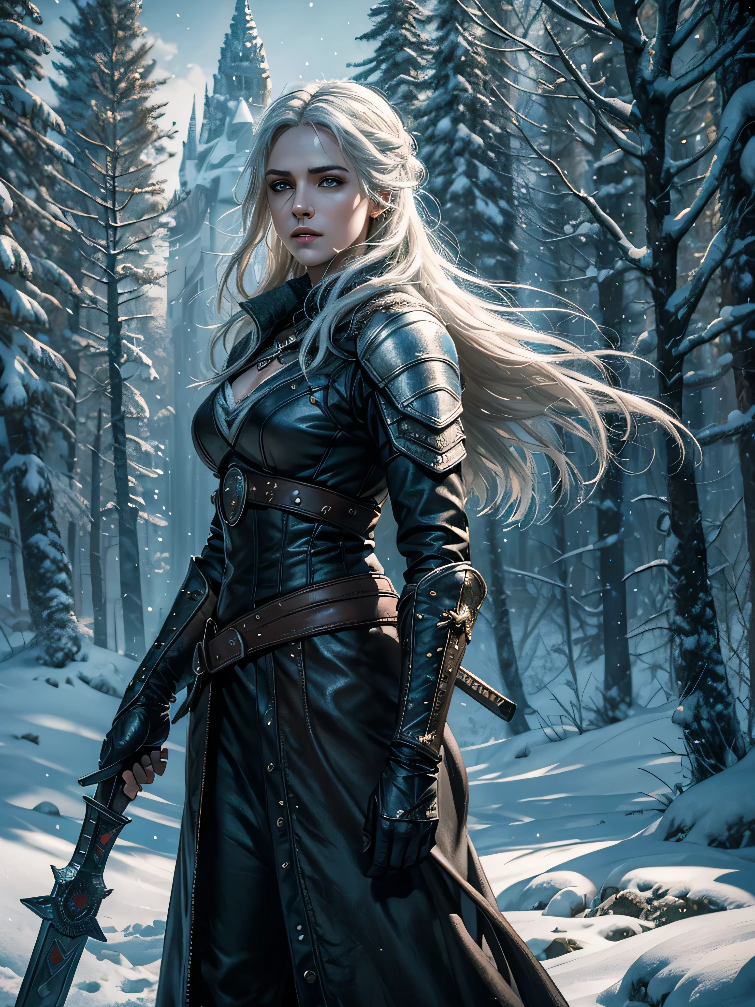 Masterpiece of the Witcher universe, best quality representation, ultra-detailed and finely textured, Cirilla  in the witcher universe, photorealistic and supremely aesthetic, 4K image quality, distinctly representing Cirilla from the witcher  with a glossy, radiant skin texture, snow, trees, cold colors, cold ilumination, a sweeping backdrop of a snowy landscape, dynamic and cinematic lighting, using intricately designed costumes and precious metals refracting dazzling snow, Cirilla from the witcher portrayed with a regal and powerful expression, a masterpiece of illustration and CG art, unified, 8K wallpaper, surpassing the boundaries of reality,  
