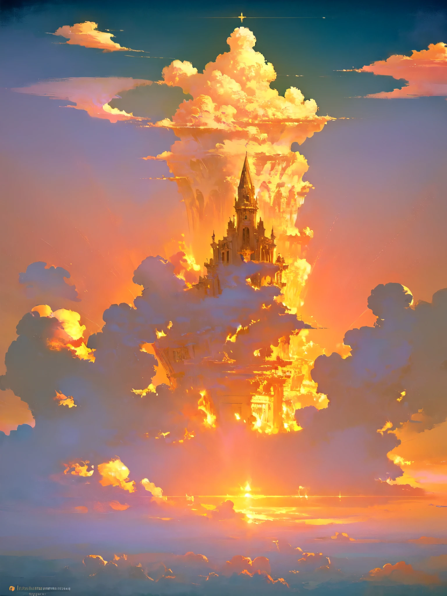 palace in the clouds, heavenly sunset, vivid colors, majestic architecture, magnificent and shining, dreamy atmosphere, otherworldly beauty, panoramic view, calm and serene, Celestial Light, picturesque surroundings, rising tower, Beautiful and fantastic, fascinating colors, Impressive detail, sublime work of art, Detailed clouds, immersive experience, Celestial Light, Wide panoramic composition, complex design, a breathtaking sight, Flawless craftsmanship, fascinating atmosphere, skillful use of light, Delicate and vibrant colors, ethereal and magical clouds, amazing perspective, Harmonious color palette, fascinating view, heavenly palace, Heavenly atmosphere and heavenly atmosphere, heavenly tranquility, Surreal and dreamlike, shining and vivid sunset, majestic and awe-inspiring, Serene and peaceful, gold and pink clouds, floating paradise, divine and otherworldly beauty, Ethereal and delicate architecture, Amazing, shiny colors, kingdom in the sky.