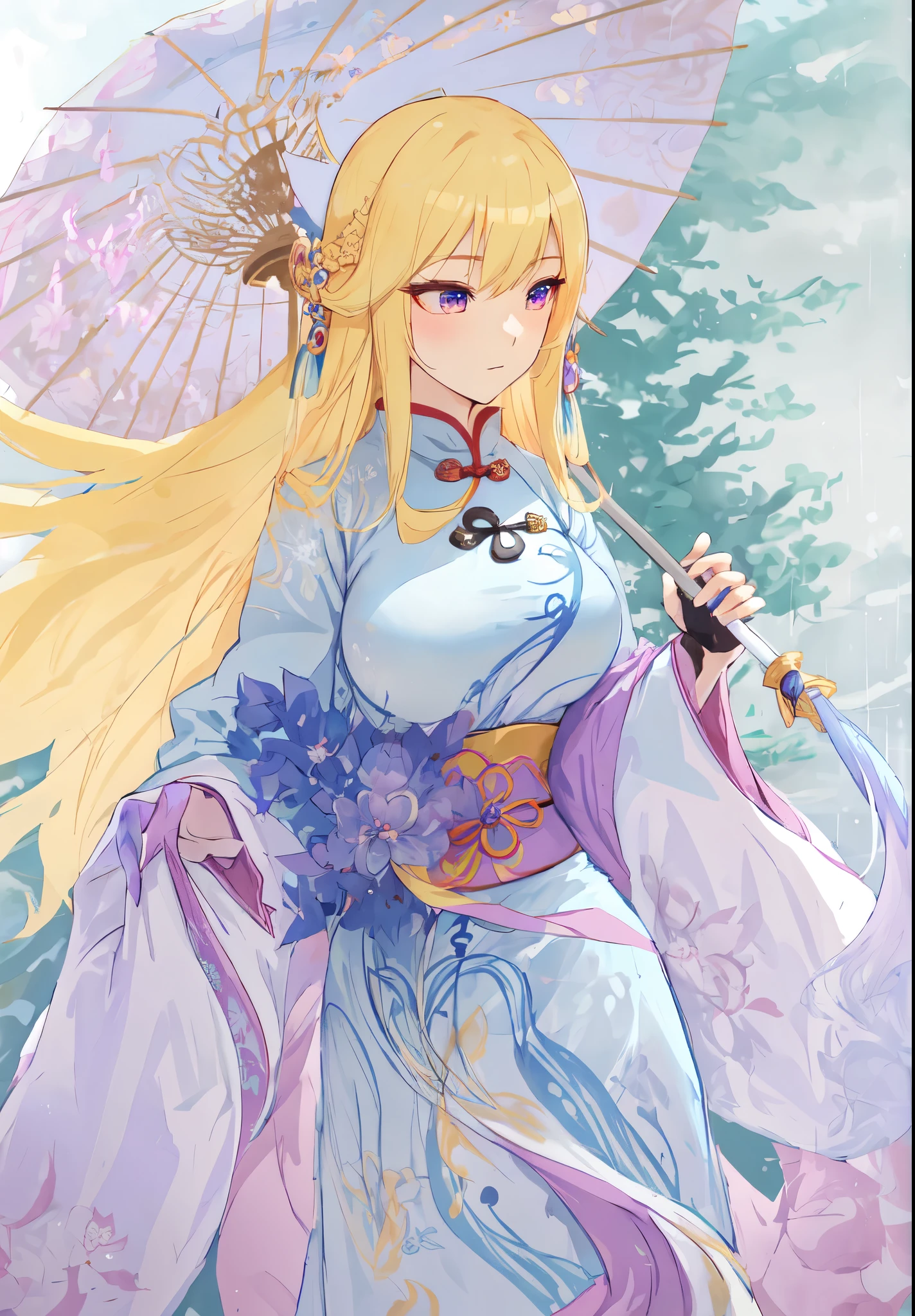 long blond hair,wearing blue dress,holding an umbrella, ((Wearing noble robes)), from desire, Flowing Chinese Robe, ((beautiful fantasy queen)), wearing nice clothes, eager character, Blonde long hair anime girl,Rina Nagikiri,Three Kingdoms style,Dynasty Warriors,antiquity,Chinese style,Chinese ancient costume,Long golden hair,holding an umbrella,purple eyes,golden eyelashes,huge breasts,Character portrait