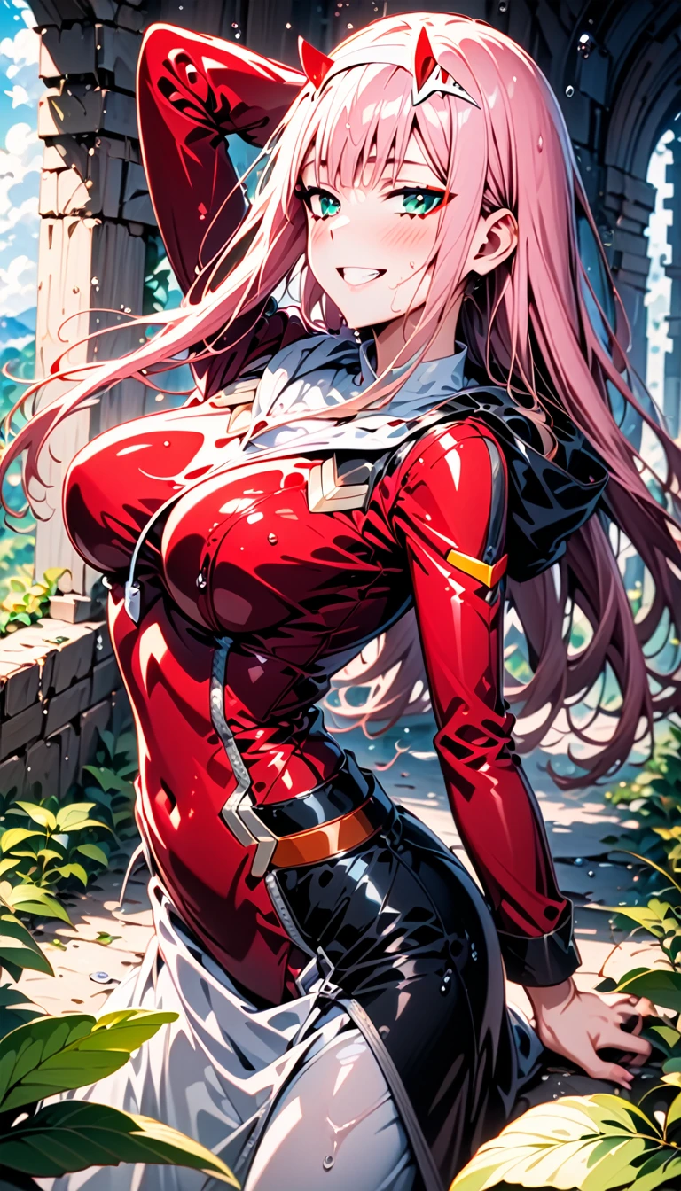 1girl, Zero Two, Darling in the franxx, bangs, biting, blush, covered navel, eyeshadow, green eyes, hair behind head, horns, smile, Beautiful smile, long hair, makeup, medium breasts, pink hair, red eyeshadow, skin tight, solo, Half body art, (best quality,highres,masterpiece:1.2),(realistic:1.37),(vivid colors),sun coming out of clouds,rainy season,landscape,stormy sky,refreshing scent of rain,wet leaves,glistening raindrops on window,water droplets on flowers,sunlight piercing through clouds,ray of hope,overcoming darkness,transcendent beauty,serene atmosphere,emerging sunlight,contrast between light and shadow,moody sky,subtle shades of gray,ethereal glow,majestic clouds,dramatic landscape,emotional depth,feeling of renewal,lush greenery,fresh air,muddy pathways,cool breeze,petrichor,life emerging after rain,peaceful silence,morning mist,evocative,awe-inspiring scene,enchanted mood,delightful serendipity,harmony of nature,poetic transformation, looking at viewer, Black rain coat ,glitters on rain coat,from above side,(detailed:1.3) image,(intricate:1.2)(wet season :1.3),(masterpiece:1.2),(best quality:1.2),newest,intricate details,ai-generated, anime screencap.