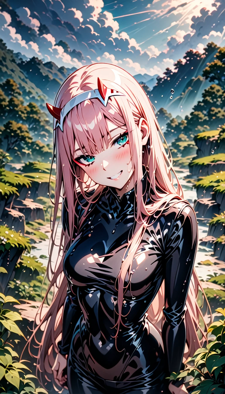 1girl, Zero Two, Darling in the franxx, bangs, biting, blush, covered navel, eyeshadow, green eyes, hair behind head, horns, smile, Beautiful smile, long hair, makeup, medium breasts, pink hair, red eyeshadow, skin tight, solo, Half body art, (best quality,highres,masterpiece:1.2),(realistic:1.37),(vivid colors),sun coming out of clouds,rainy season,landscape,stormy sky,refreshing scent of rain,wet leaves,glistening raindrops on window,water droplets on flowers,sunlight piercing through clouds,ray of hope,overcoming darkness,transcendent beauty,serene atmosphere,emerging sunlight,contrast between light and shadow,moody sky,subtle shades of gray,ethereal glow,majestic clouds,dramatic landscape,emotional depth,feeling of renewal,lush greenery,fresh air,muddy pathways,cool breeze,petrichor,life emerging after rain,peaceful silence,morning mist,evocative,awe-inspiring scene,enchanted mood,delightful serendipity,harmony of nature,poetic transformation, looking at viewer, Black rain coat ,glitters on rain coat,from above side,(detailed:1.3) image,(intricate:1.2)(wet season :1.3),(masterpiece:1.2),(best quality:1.2),newest,intricate details,ai-generated, anime screencap.