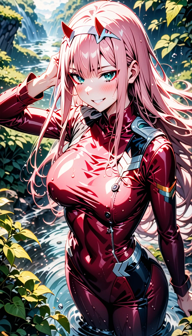 1girl, Zero Two, Darling in the franxx, bangs, biting, blush, covered navel, eyeshadow, green eyes, hair behind head, horns, smile, Beautiful smile, long hair, makeup, medium breasts, pink hair, red eyeshadow, skin tight, solo, Half body art, (best quality,highres,masterpiece:1.2),(realistic:1.37),(vivid colors),sun coming out of clouds,rainy season,landscape,stormy sky,refreshing scent of rain,wet leaves,glistening raindrops on window,water droplets on flowers,sunlight piercing through clouds,ray of hope,overcoming darkness,transcendent beauty,serene atmosphere,emerging sunlight,contrast between light and shadow,moody sky,subtle shades of gray,ethereal glow,majestic clouds,dramatic landscape,emotional depth,feeling of renewal,lush greenery,fresh air,muddy pathways,cool breeze,petrichor,life emerging after rain,peaceful silence,morning mist,evocative,awe-inspiring scene,enchanted mood,delightful serendipity,harmony of nature,poetic transformation, looking at viewer, Black rain coat ,glitters on rain coat,from above side,(detailed:1.3) image,(intricate:1.2)(wet season :1.3),(masterpiece:1.2),(best quality:1.2),newest,intricate details,ai-generated, anime screencap.