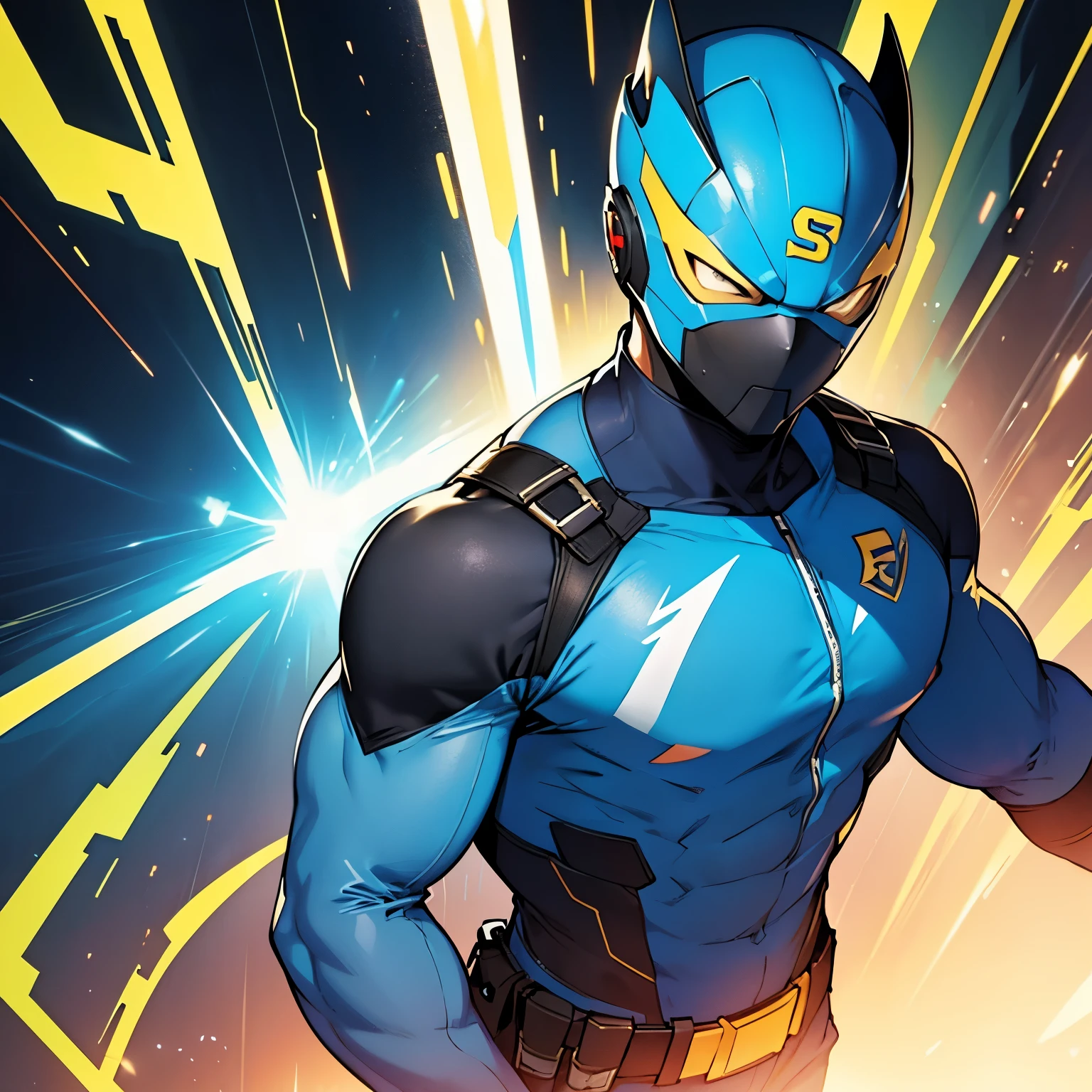 Create a age superhero whose uniform is blue with yellow details, its symbol is a golden ray on the chest, he wears a mask that does not cover his mouth and hair