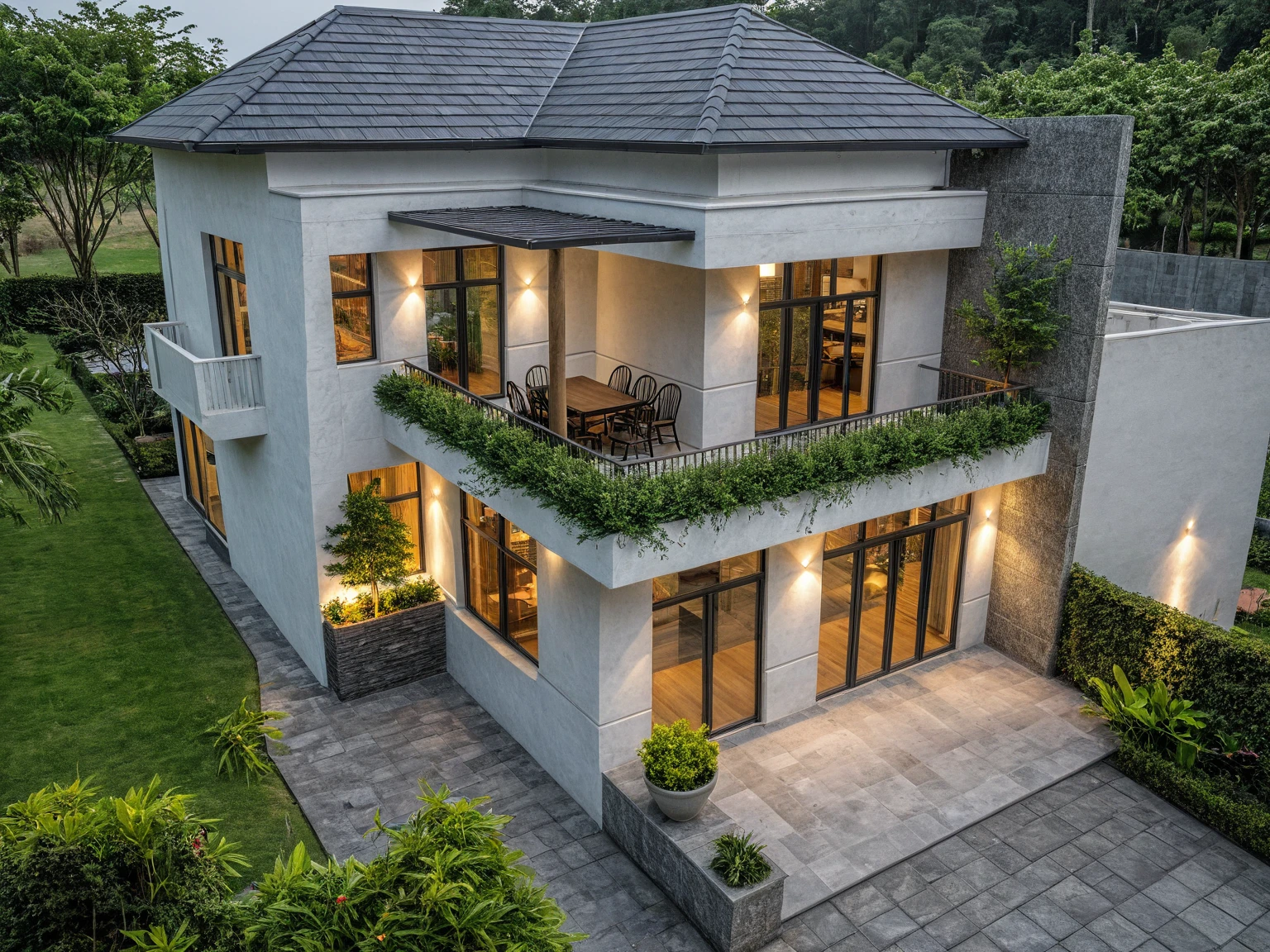 RAW photo, subject, 8k uhd, dslr, soft lighting, high quality, film grain, Fujifilm XT3, A Capture of stunning modern architecture, 1 floor- house, pine tree, grass, white wall, wooden, nature stone with long and sharp reed

