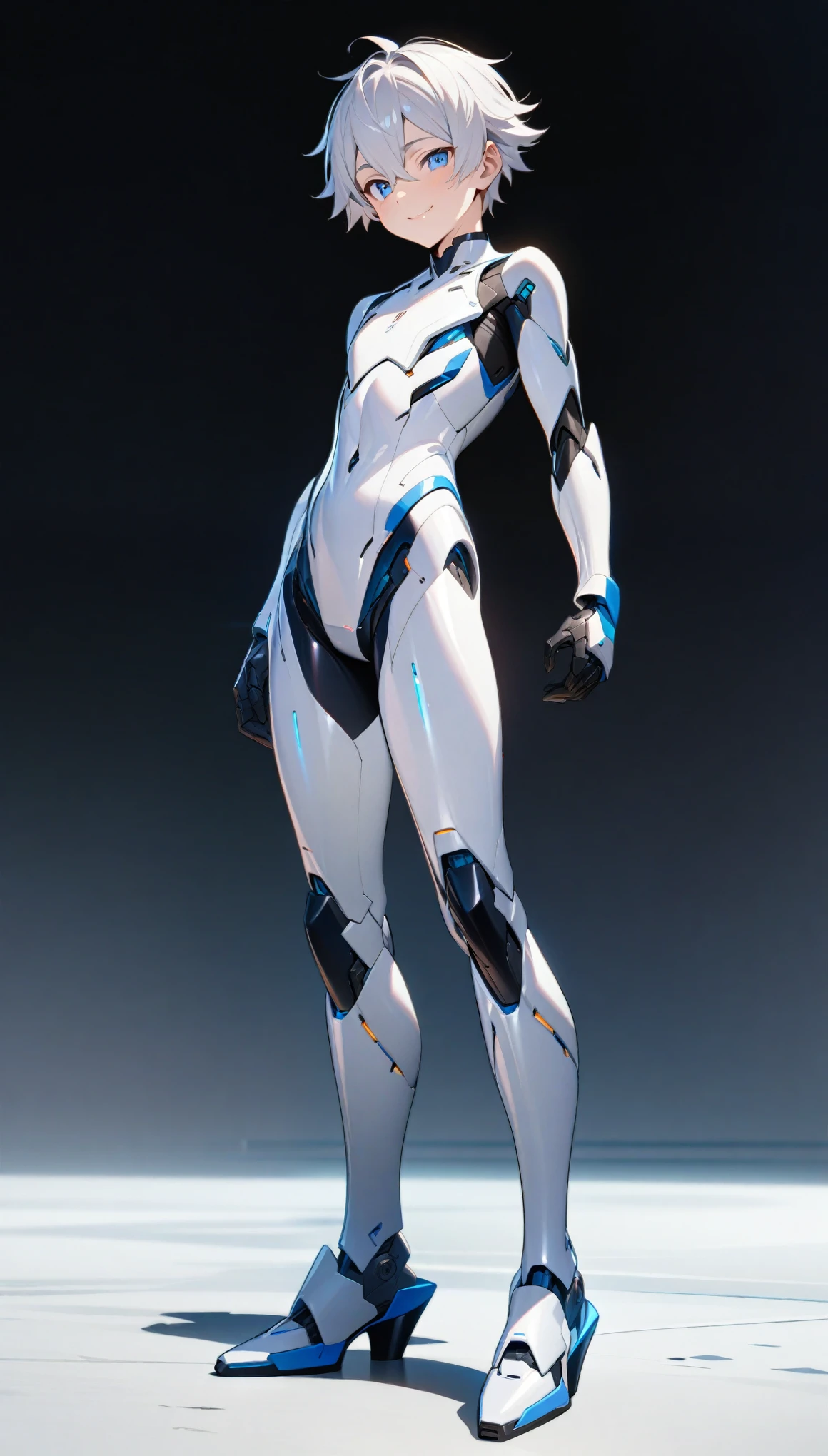(((masterpiece:1.5))), full body image, anime robot boy, 1boy, ((shota)), shiny, ((white)), (((smooth))), (((sleek))) robot body with accents, heeled feet, silver hair, gentle face, blue eyes, calm, smiling expression, plain white background