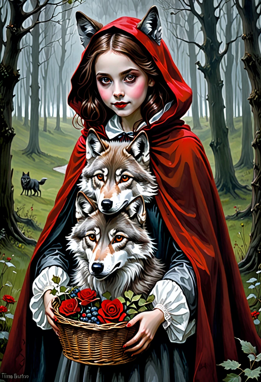 A dark baroque painting of a girl wearing a crimson cloak hugging a wolf, evil Little Red Riding Hood. Highlighting the characteristics of Little Red Riding Hood: Long brown hair, which can be straight or curled, bright eyes and a smiling expression. A small red top hat or a small flower as a tiara, White shirt or dress It is possible to carry a basket, with food or other items, A scene in a forest or rural environment with wolves, (( in the background a gray wolf)), (( Tim Burton style, dark makeup, gothic beauty.))