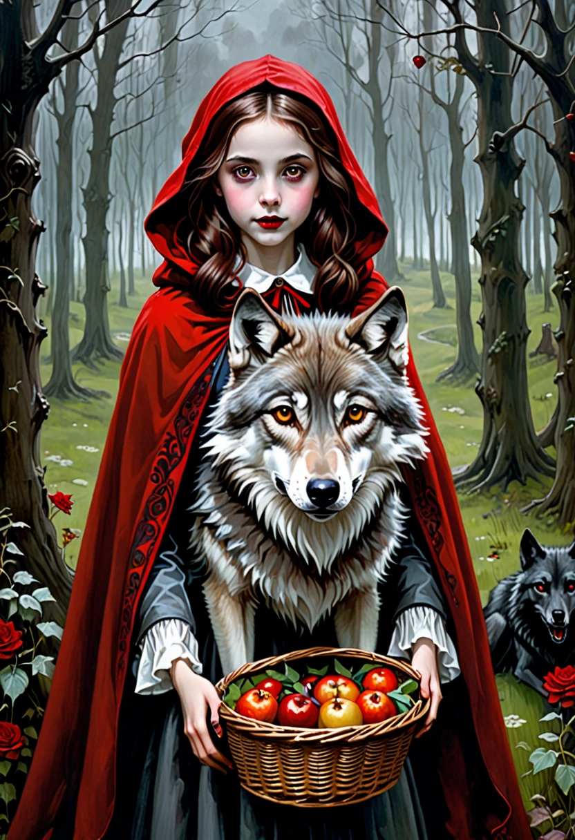 A dark baroque painting of a girl wearing a crimson cloak hugging a wolf, evil Little Red Riding Hood. Highlighting the characteristics of Little Red Riding Hood: Long brown hair, which can be straight or curled, bright eyes and a smiling expression. A small red top hat or a small flower as a tiara, White shirt or dress It is possible to carry a basket, with food or other items, A scene in a forest or rural environment with wolves, (( in the background a gray wolf)), (( Tim Burton style, dark makeup, gothic beauty.))