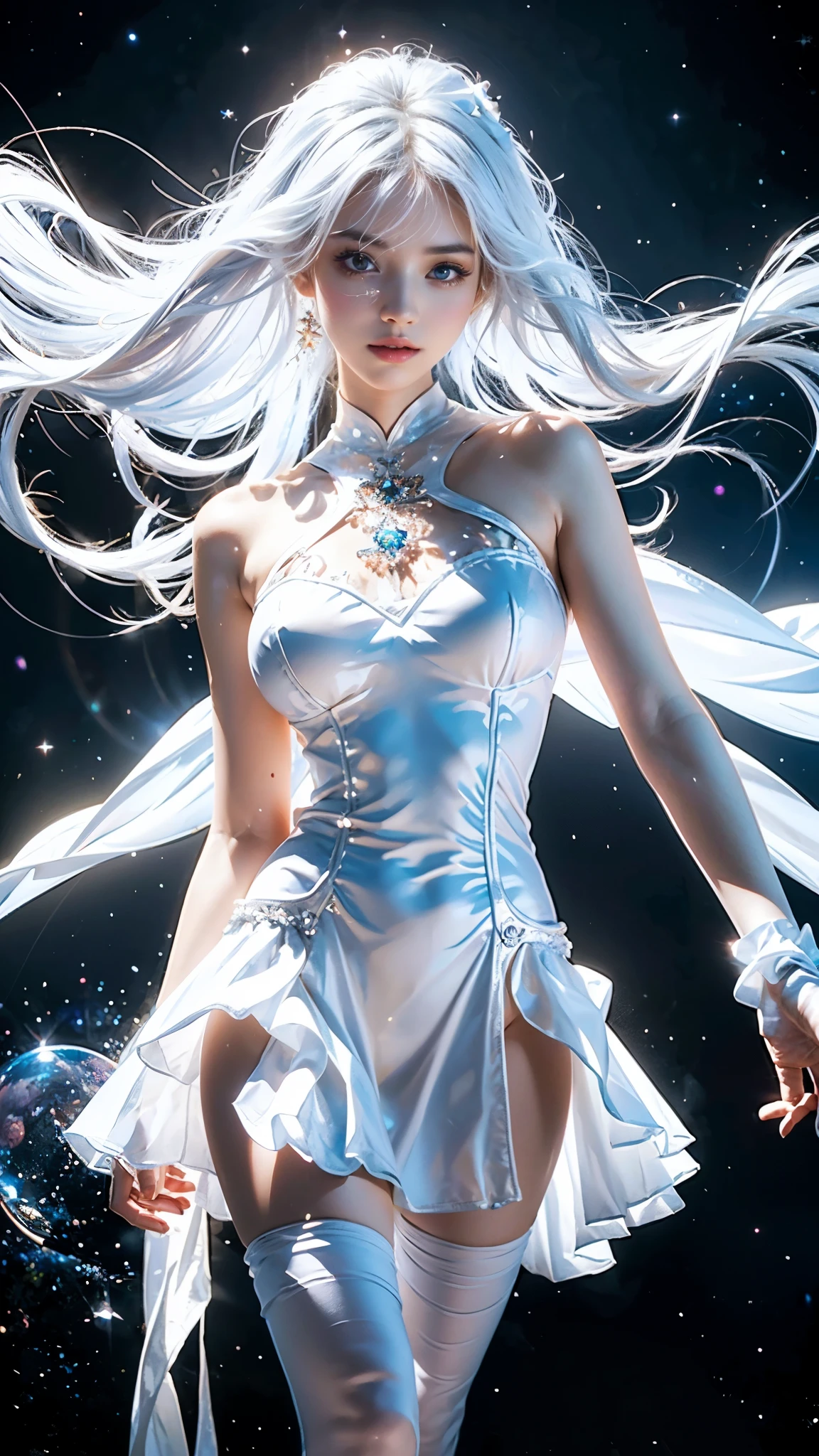 4K Ultra HD, Masterpiece, A girl with a magical aura, (good face:1.2), very Long hair, Detailed eyes, Glossy lips, costume, (white costume:1.5), The aura around the body, Magical effect, Spread white light, Cosmic elements and ethereal atmosphere, A mix of bright lights and colorful nebulae, universe background, Perfect body,