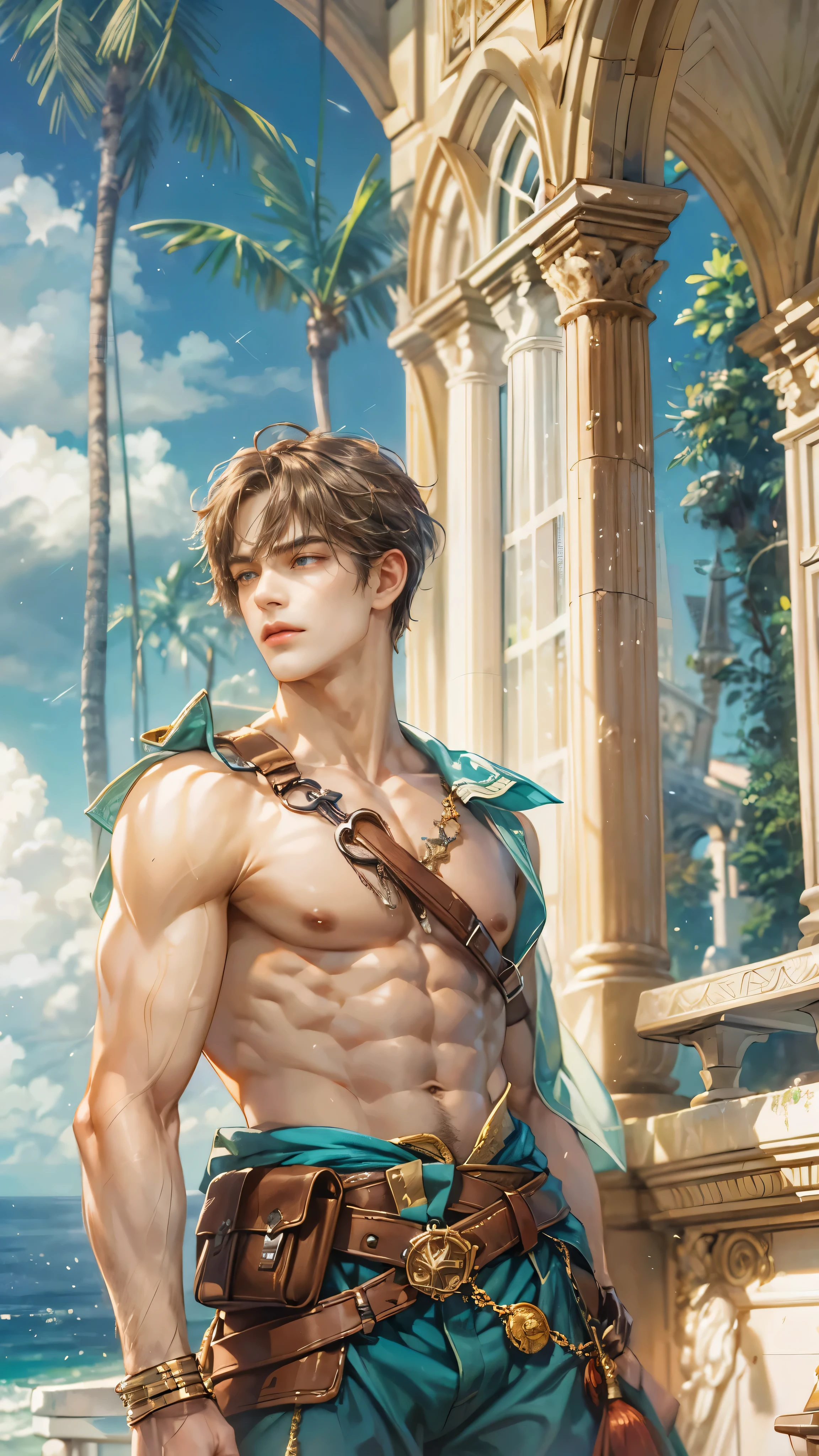 (absurdres, highres, ultra detailed, HDR), masterpiece, introcate details, best quality picture of a character from Valkyrie Anatomia, an einherjar with handsome looks, cool hero, short hair, anime eyes, matured teen, fantastic outfit showing chest, crop top, detailed cathedral interiors, window beach scenery, detailed character, art kenouji