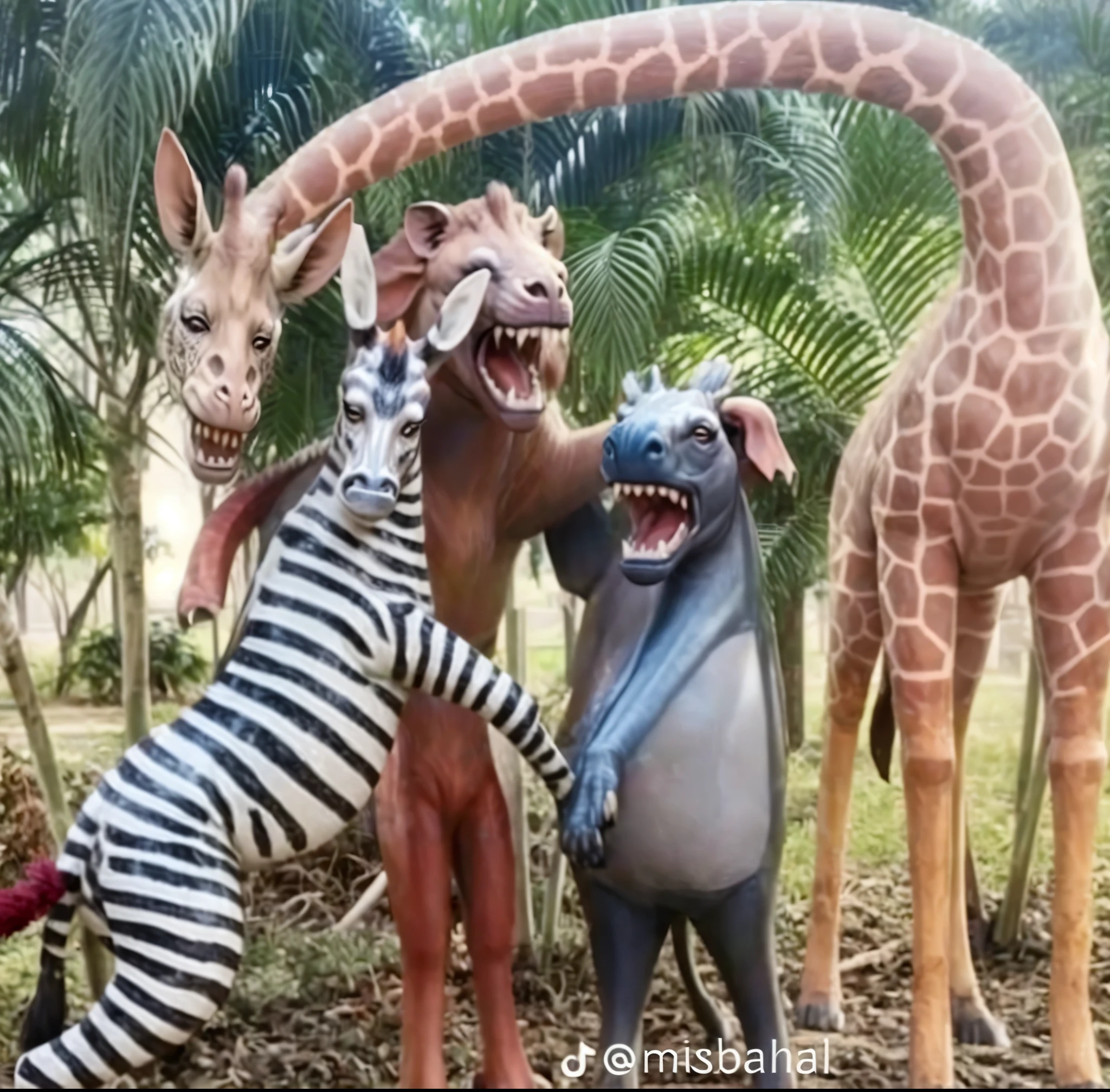 there are many fake animals that are standing in the grass, monstrous animal statues, scary monster statues, funny sculpture, very realistic, real picture taken in zoo, funny, animal - shaped statue, animals, monster statues, in the zoo exhibit, by Ren Renfa, weta disney, giraffe army, 🐋 as 🐘 as 🤖 as 👽 as 🐳, incredibly realistic