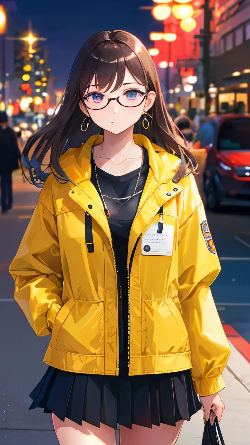 ((best quality)), ((masterpiece)), (detailed), perfect face, Beautiful woman, female lawyer standing in court, jacket and tight skirt, glasses, earrings, serious eyes, (black hair), (long hair), 30 years old