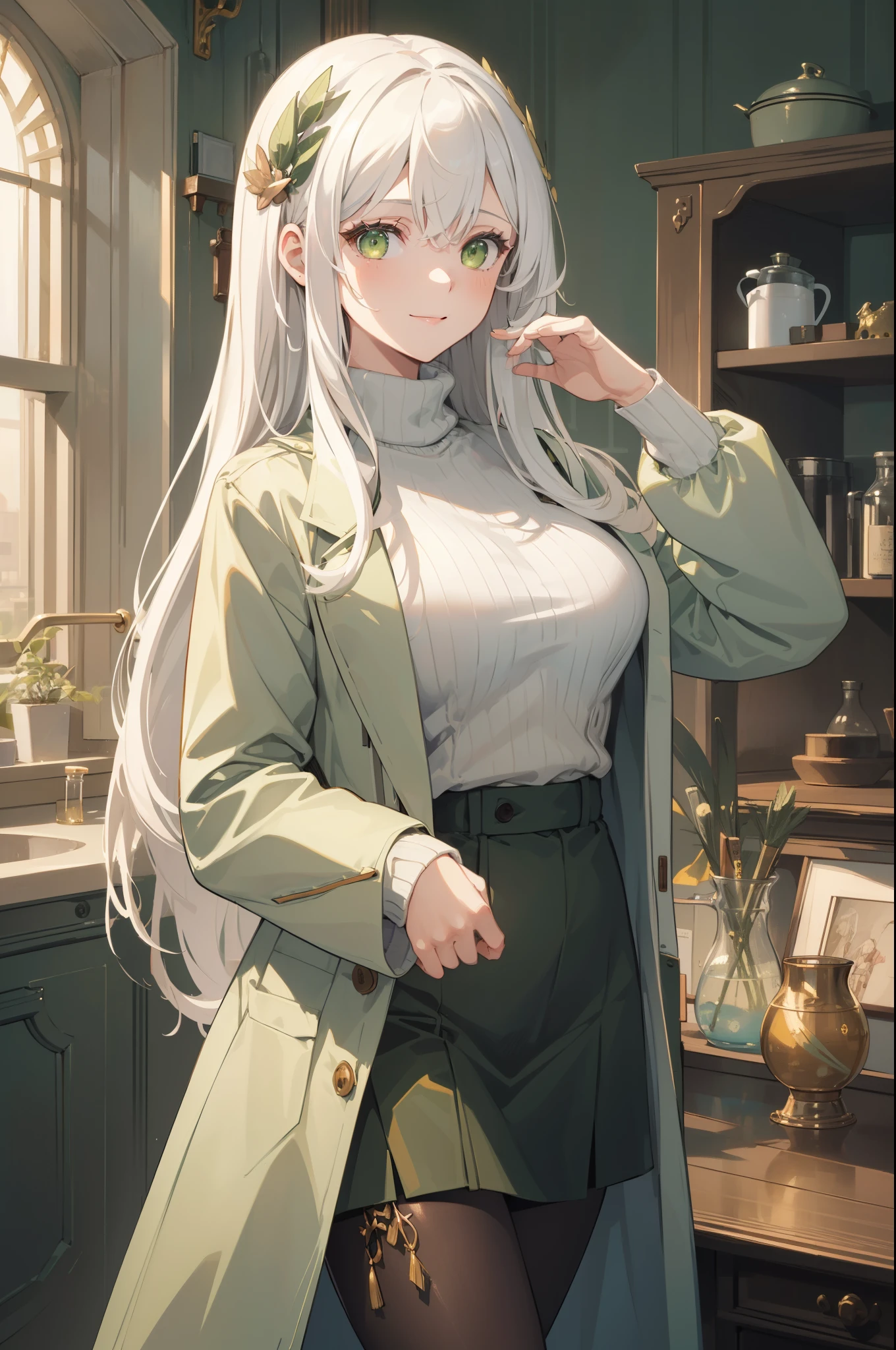 (best quality:1.3), (masterpiece:1.3), (illustration:1.3), (ultra-detailed:1.3), (imid shot:0.9), 1girl, ((white hair)), large breasts, ((green eyes)), light smile, coat, tall, mature, long hair, hair ornaments, indoors, pantyhose, green turtleneck sweater, open white coat, open clothes, long sleeves, lab coat,